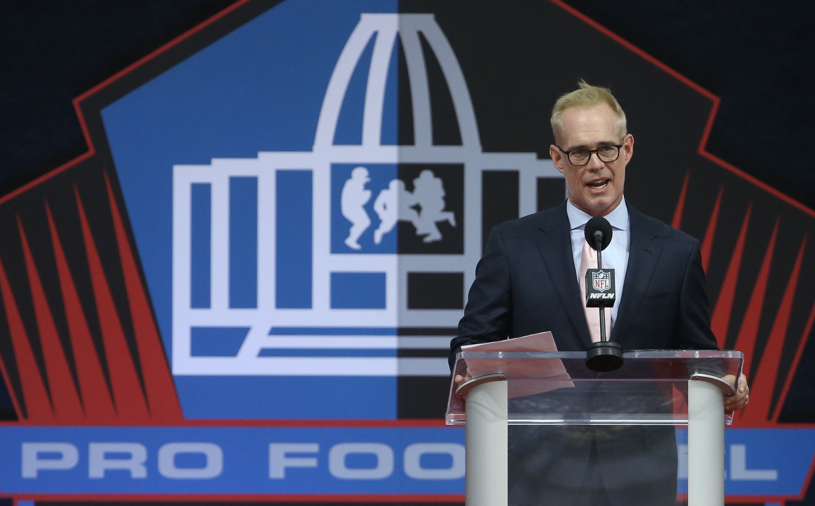 Aug 7, 2021; Canton, Ohio, USA; Broadcaster Joe Buck accepts the 2020 Pete Rozelle Award during the Professional Football HOF enshrinement ceremonies at Tom Benson Hall of Fame Stadium.