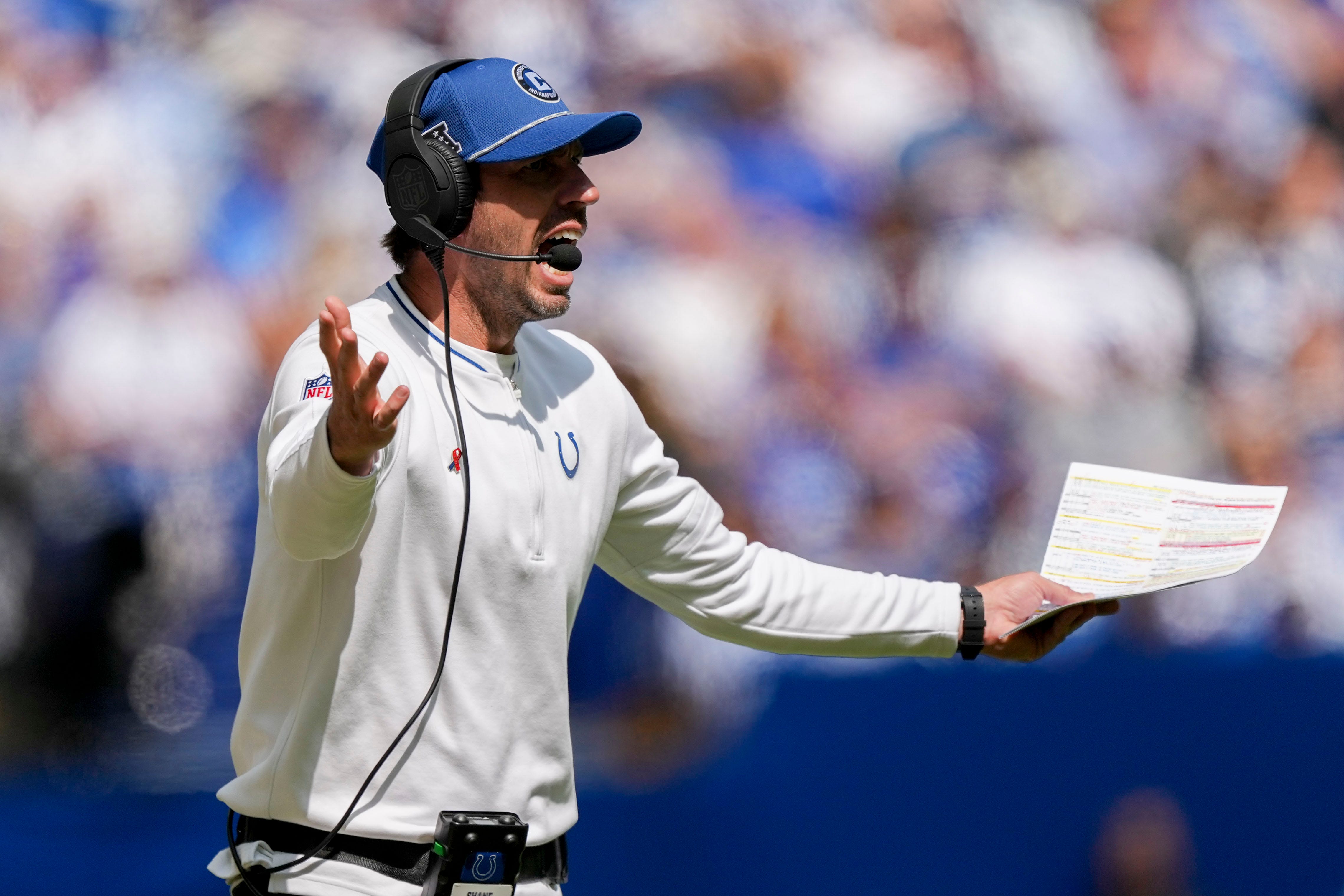 Indianapolis Colts head coach Shane Steichen reacts to an official’s call Sunday, Sept. 8, 2024, during a game against the Houston Texans at Lucas Oil Stadium in Indianapolis.