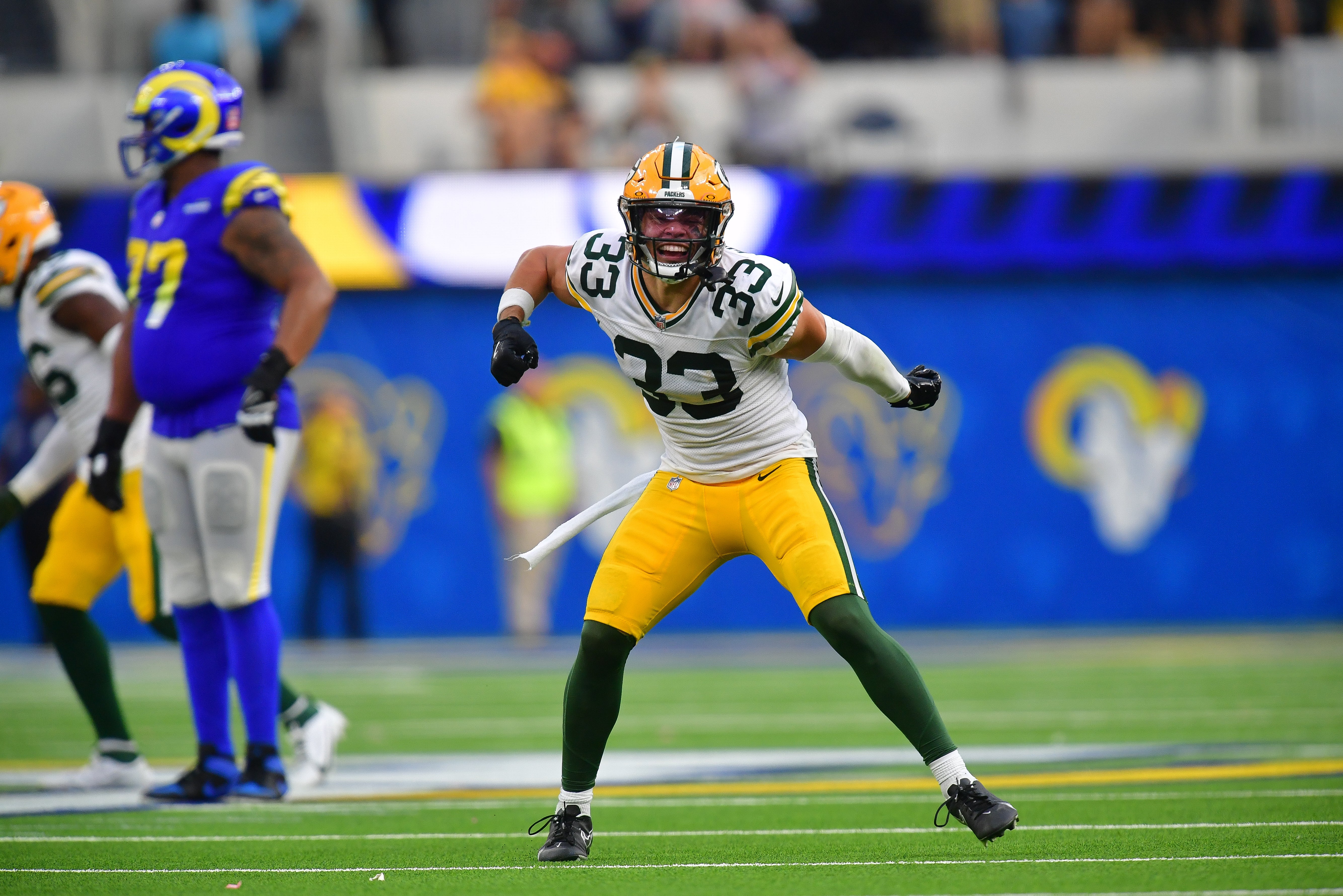 Green Bay Packers safety Evan Williams (33) reacts after stopping the Los Angeles Rams on fourth down during the second half at SoFi Stadium.