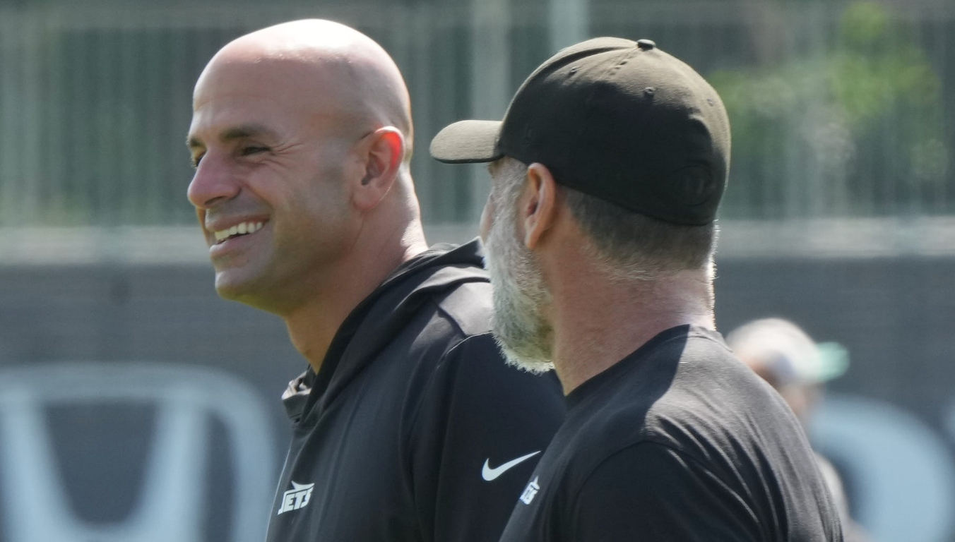 Florham Park, NJ -- July 27, 2024 -- Head coach Robert Salem with defensive coordinator Jeff Ulbrich during the New York Jets training camp this morning.
