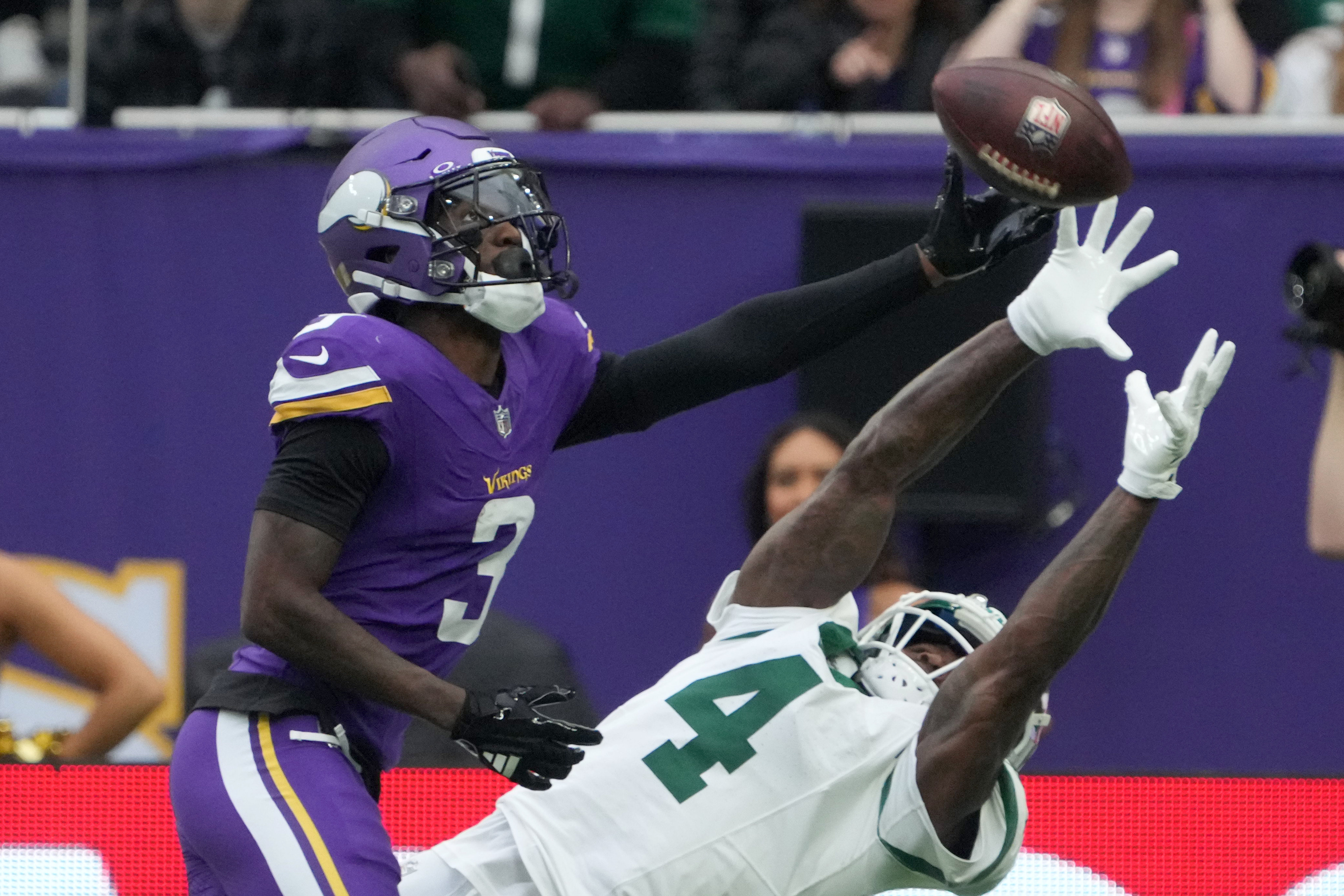 Oct 6, 2024; London, United Kingdom; New York Jets cornerback D.J. Reed (4) defends against Minnesota Vikings wide receiver Jordan Addison (3) in the first half at Tottenham Hotspur Stadium.