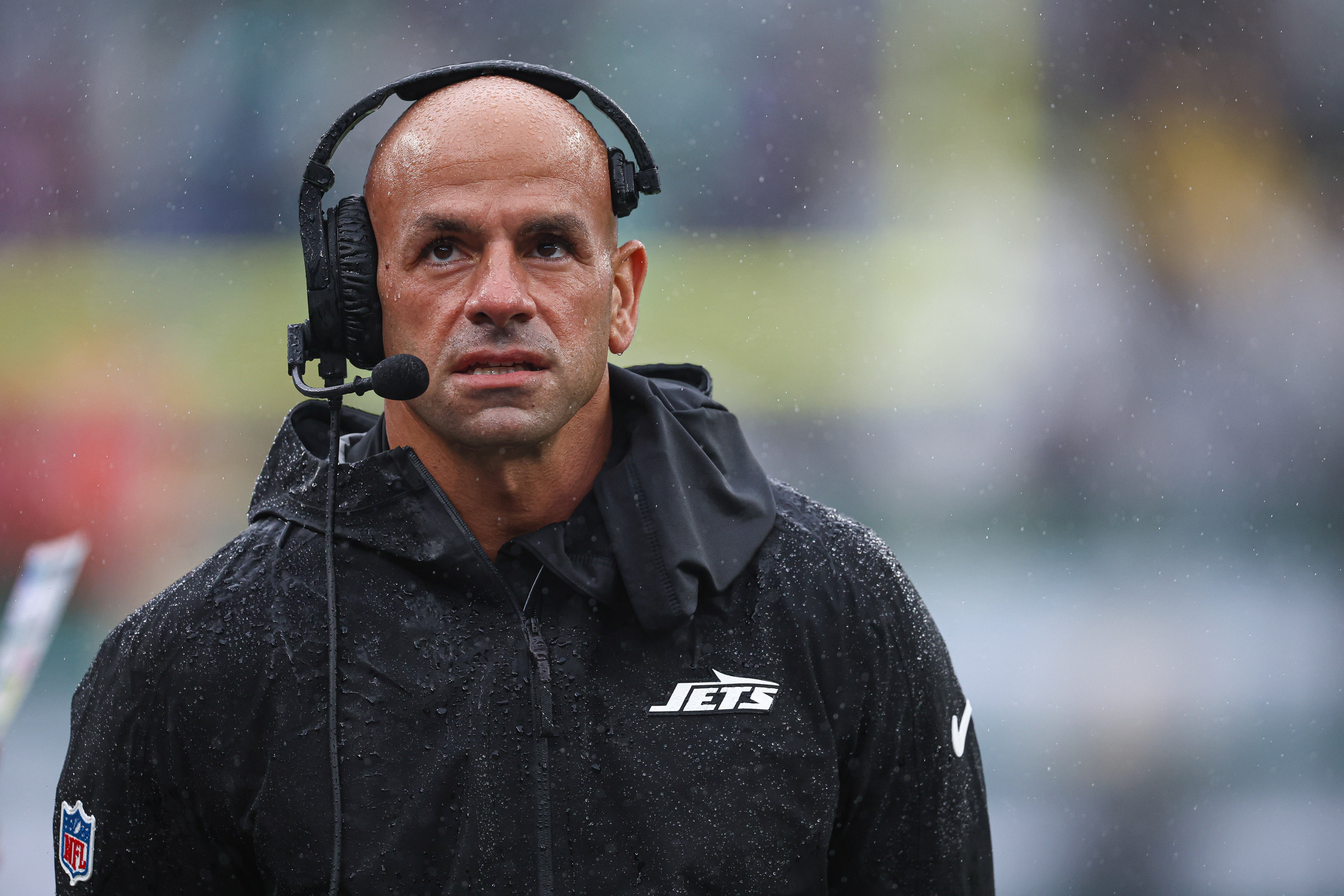 New York Jets head coach Robert Saleh looks on during the first half against the Denver Broncos at MetLife Stadium.