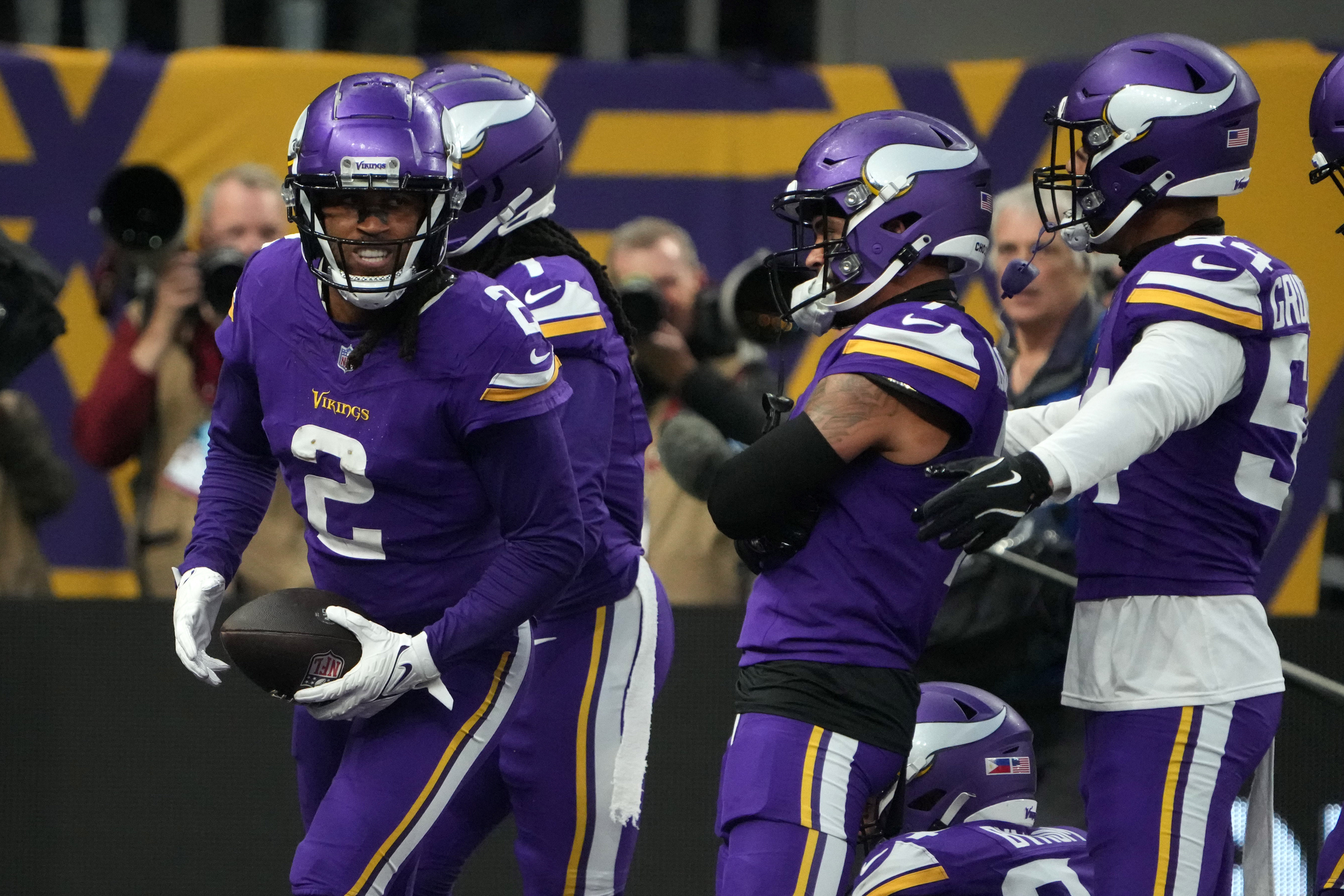 Oct 6, 2024; London, United Kingdom; Minnesota Vikings cornerback Stephon Gilmore (2) celebrates with teammates after intercepting a pass in the fourth quarter against the New York Jets at Tottenham Hotspur Stadium.