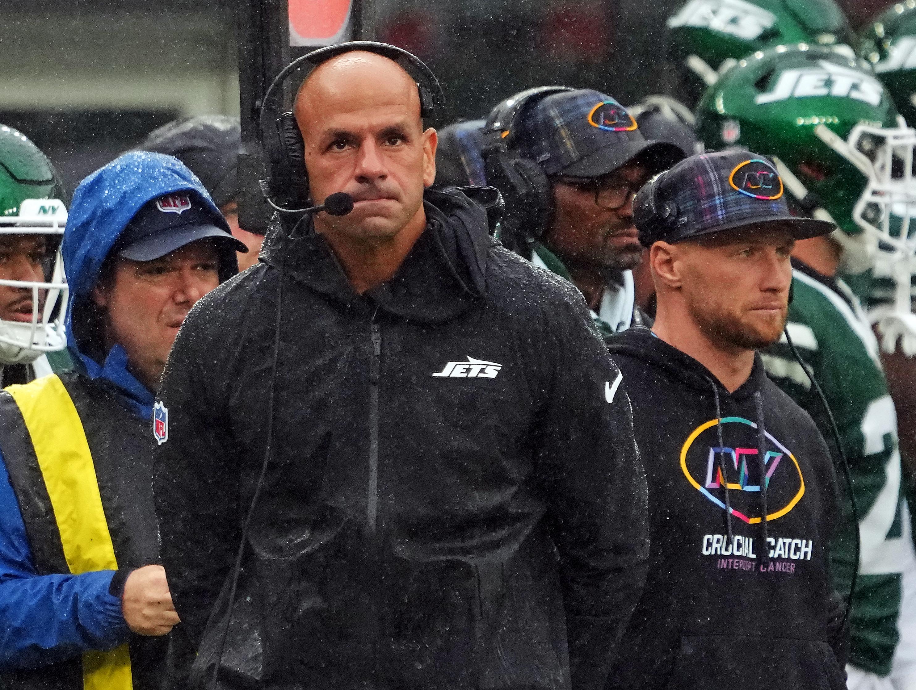 New York Jets head coach Robert Saleh looks on from the sidelines against the Denver Broncos during the first half at MetLife Stadium.