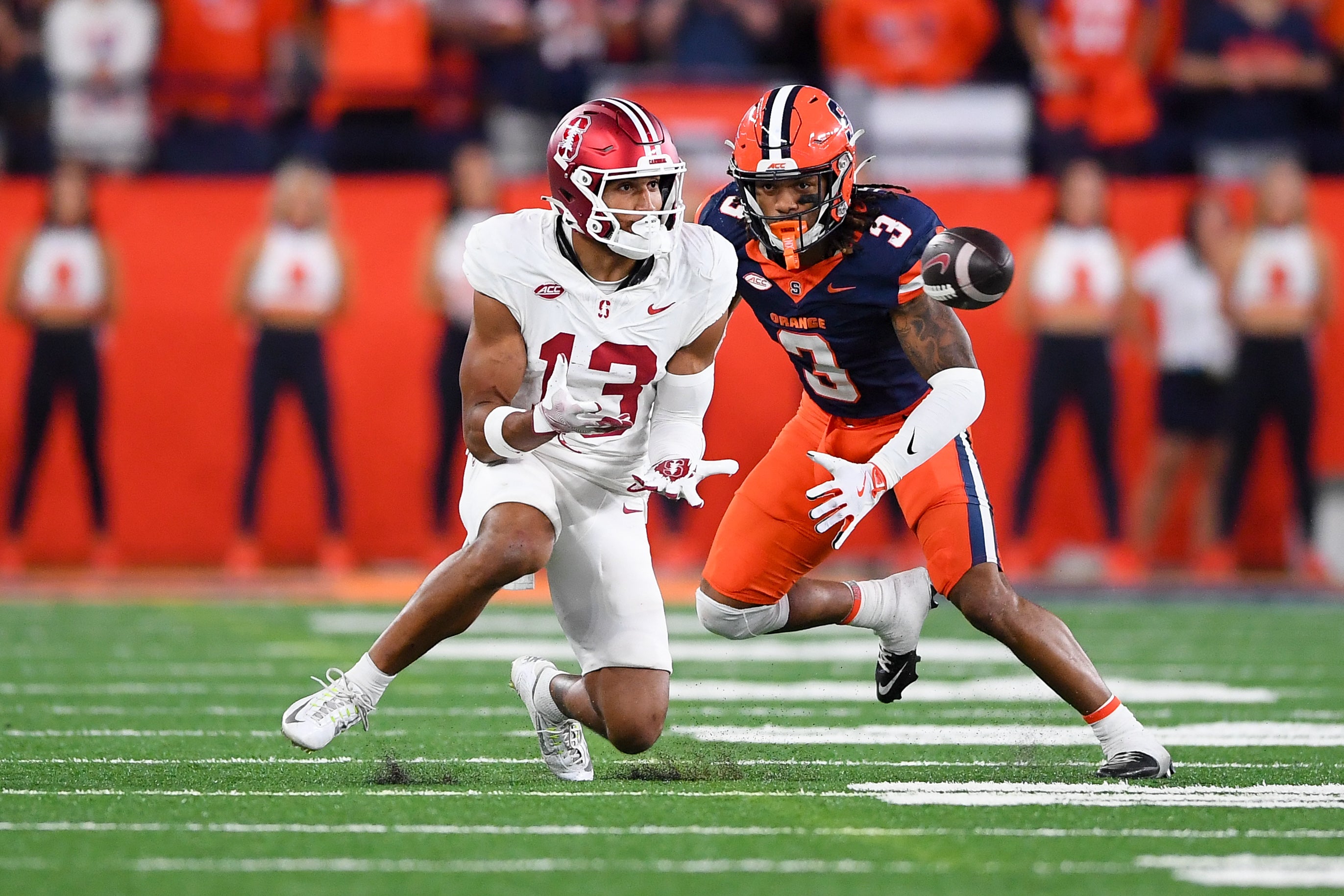 Stanford Cardinal wide receiver Elic Ayomanor (13) makes a catch against Syracuse Orange defensive back Clarence Lewis (3) during the second half at the JMA Wireless Dome.