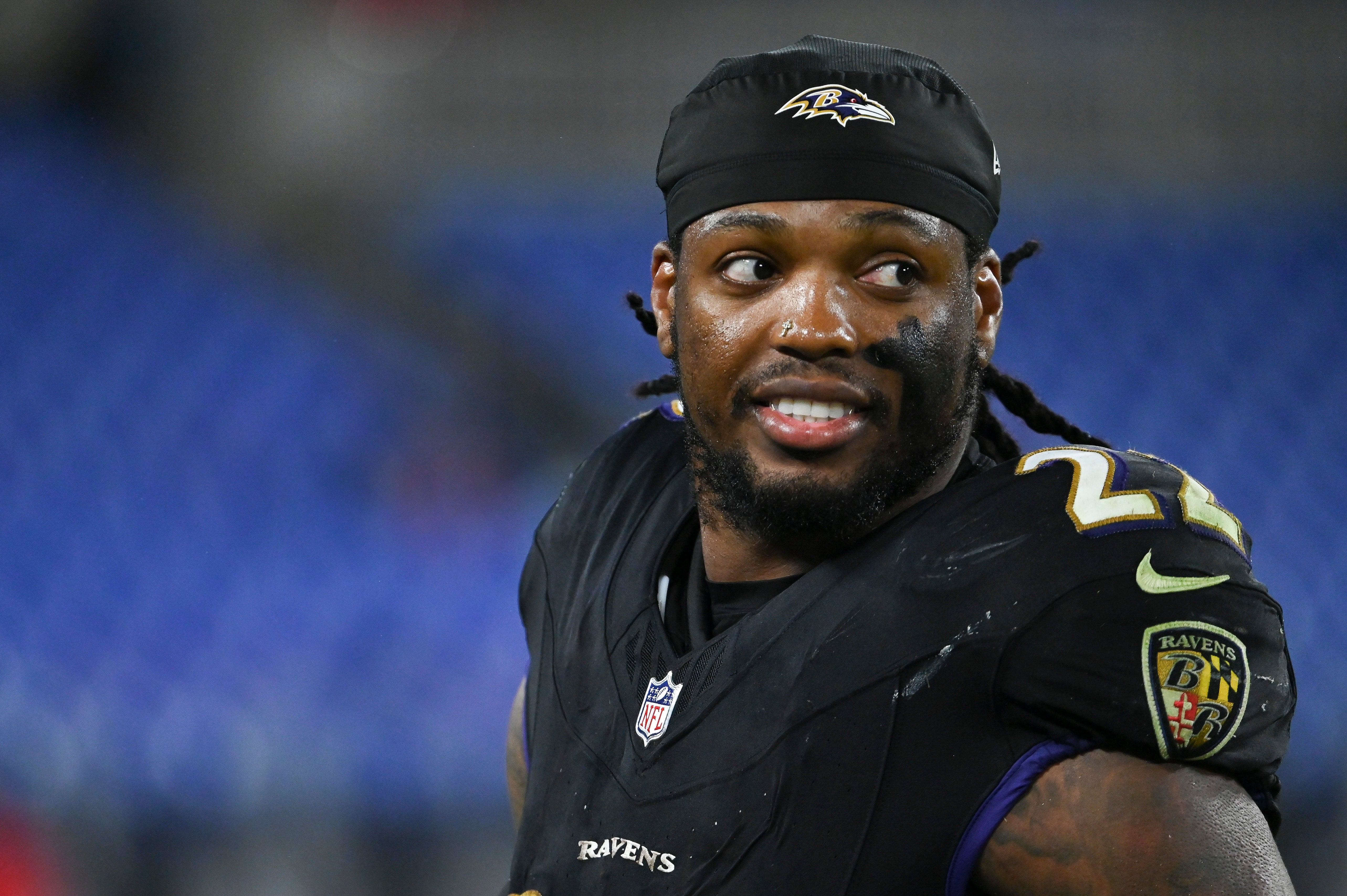 Baltimore Ravens running back Derrick Henry (22) after the game against the Buffalo Bills at M&T Bank Stadium. Tommy Gilligan-Imagn Images