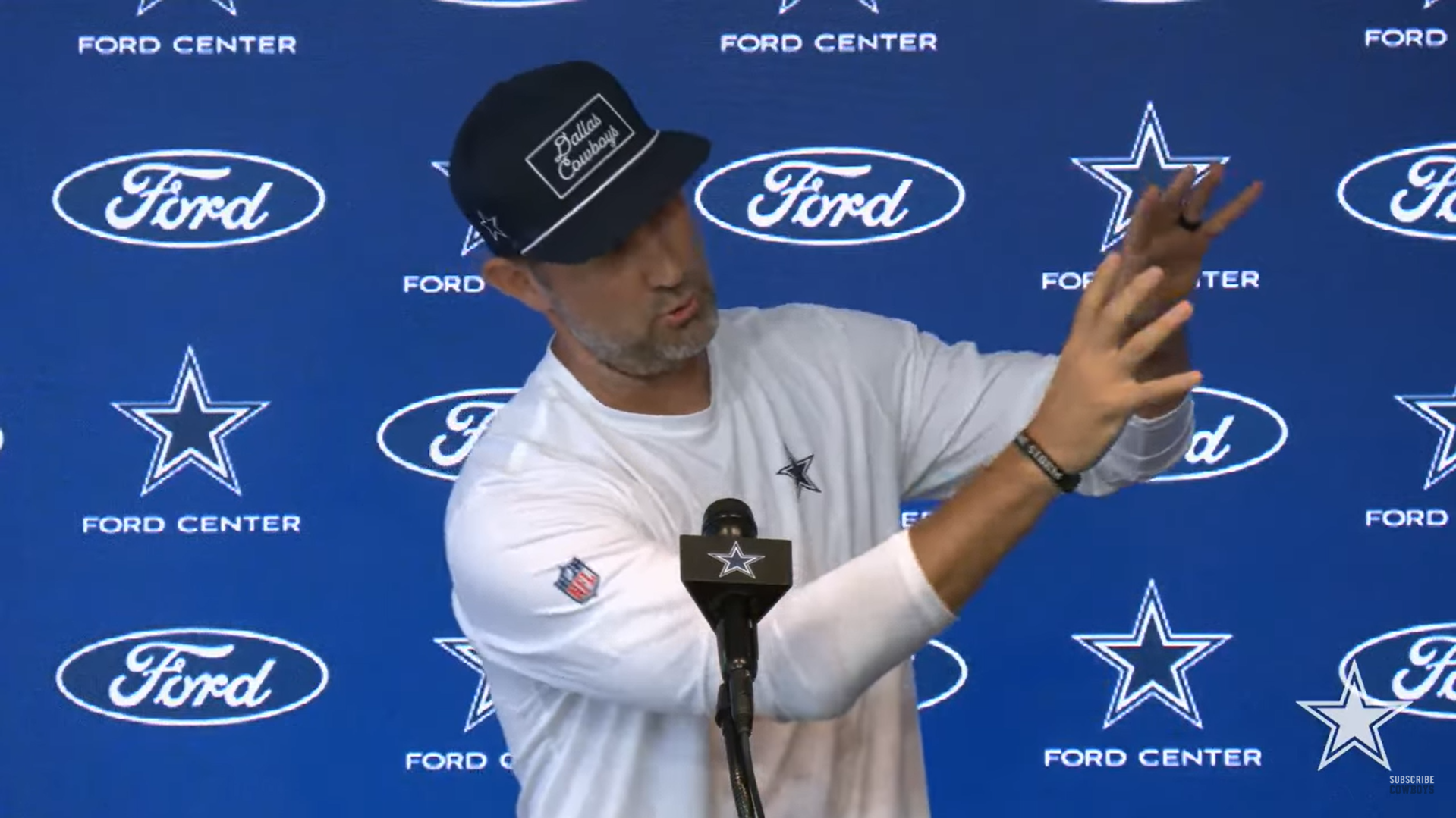 Dallas Cowboys offensive coordinator Brian Schottenheimer talks to reporters about Jalen Tolbert's touchdown.