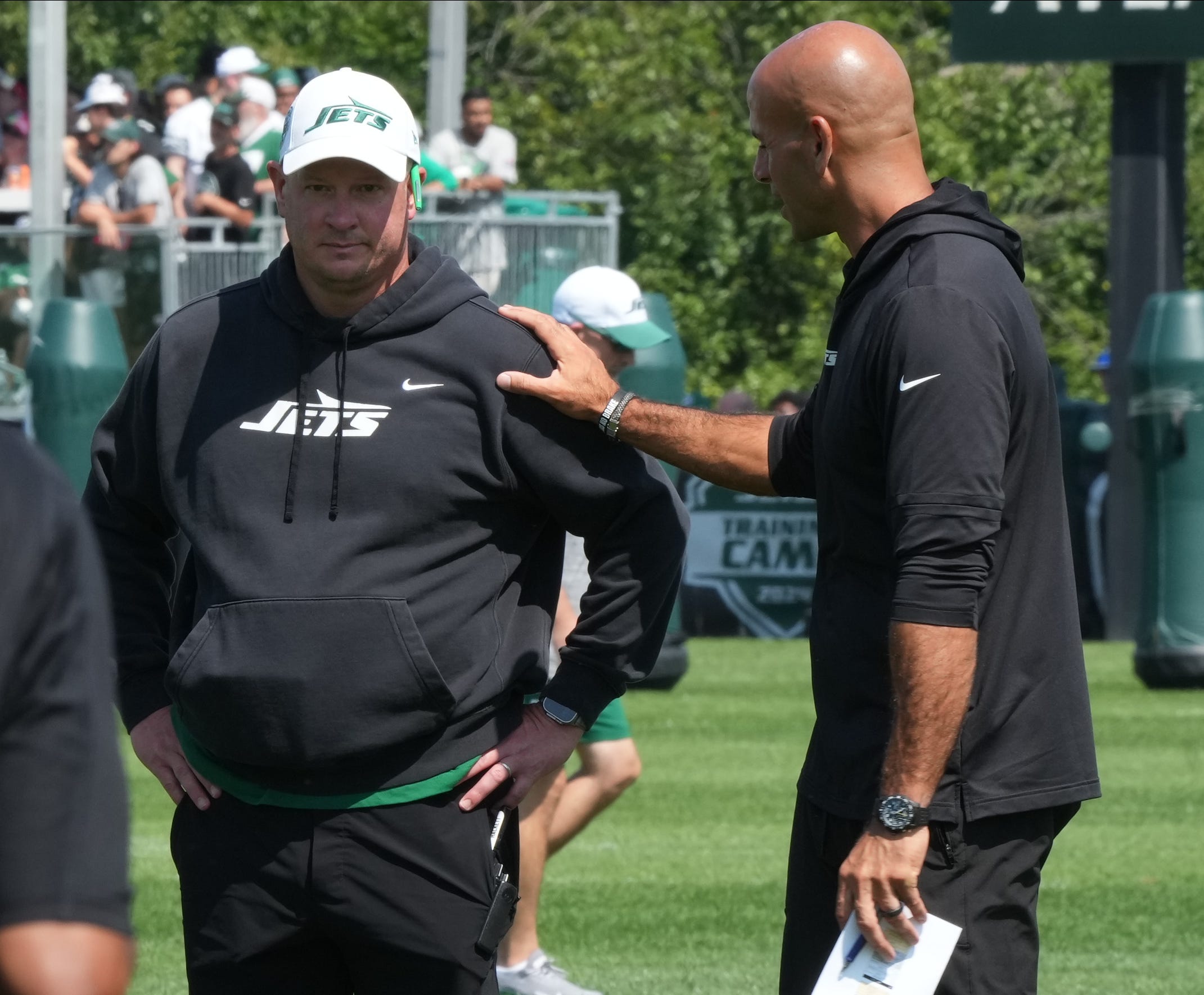 Offensive coordinator Nathaniel Hackett and head coach Robert Saleh during the New York Jets training camp this morning.
