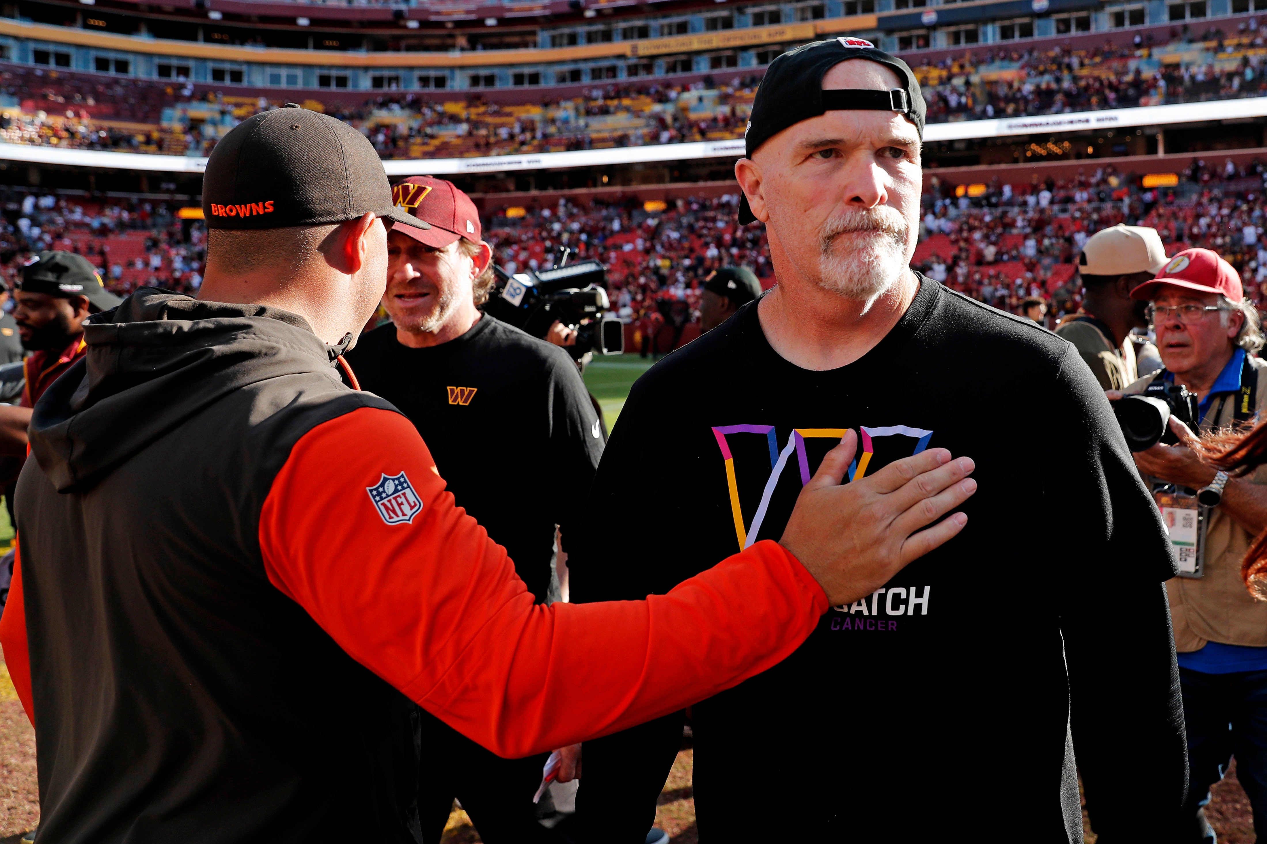 Oct 6, 2024; Landover, Maryland, USA; Washington Commanders head coach Dan Quinn walks off the field after defeating the Cleveland Browns at NorthWest Stadium.