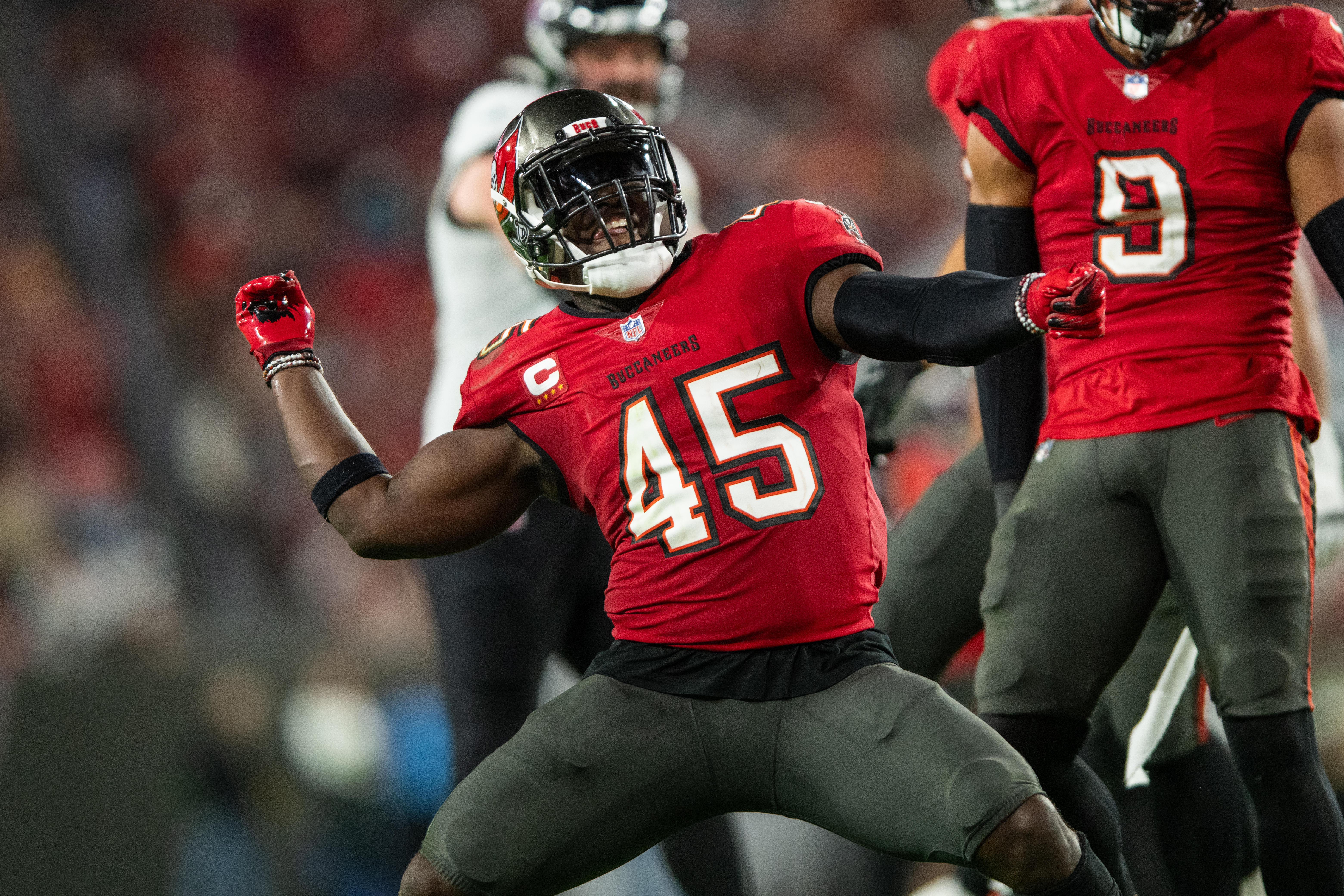 Dec 24, 2023; Tampa, Florida, USA; Tampa Bay Buccaneers linebacker Devin White (45) celebrates a sack against the Jacksonville Jaguars at Raymond James Stadium.