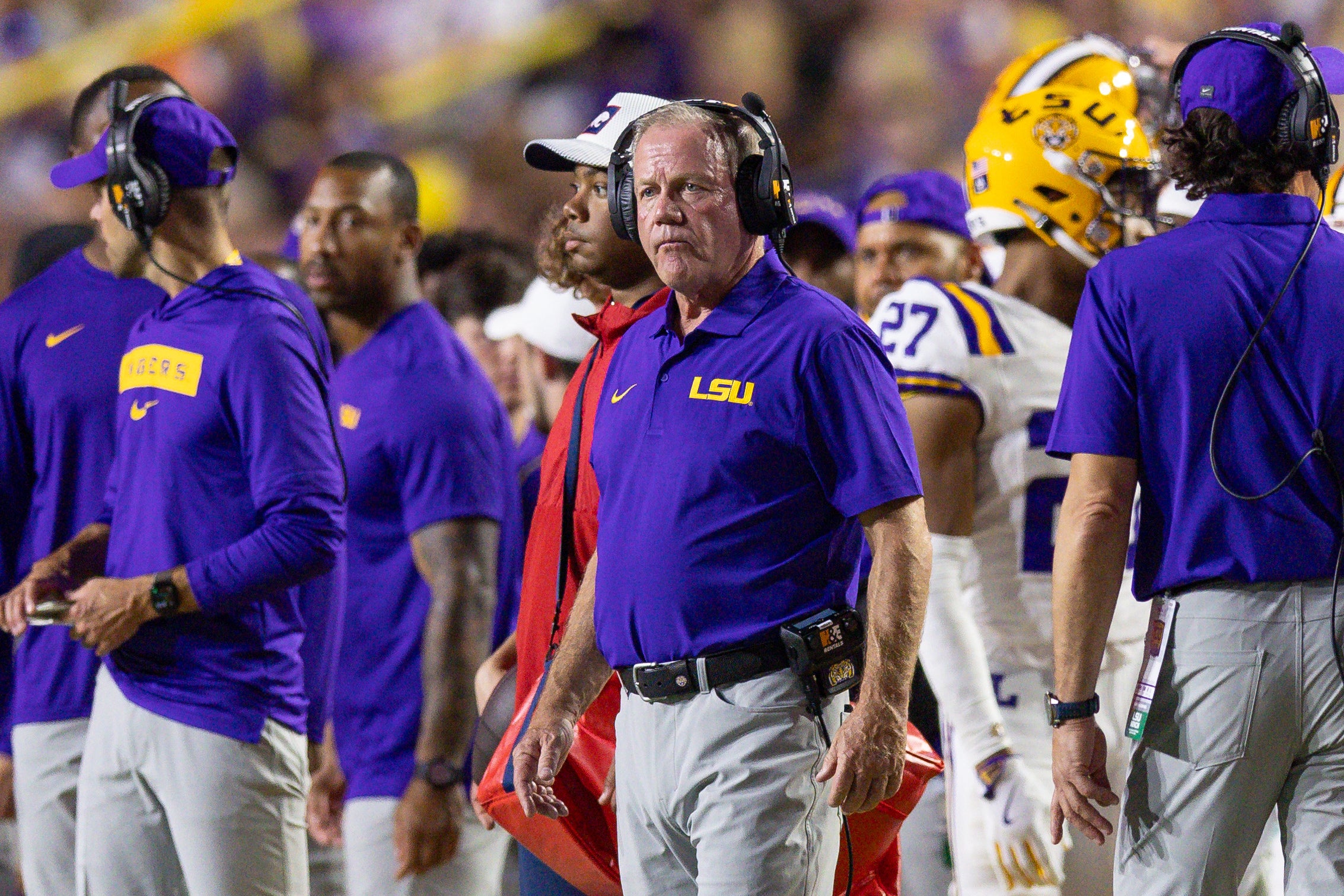 Sep 28, 2024; Baton Rouge, Louisiana, USA; LSU Tigers head coach Brian Kelly against the South Alabama Jaguars during the second quarter at Tiger Stadium.