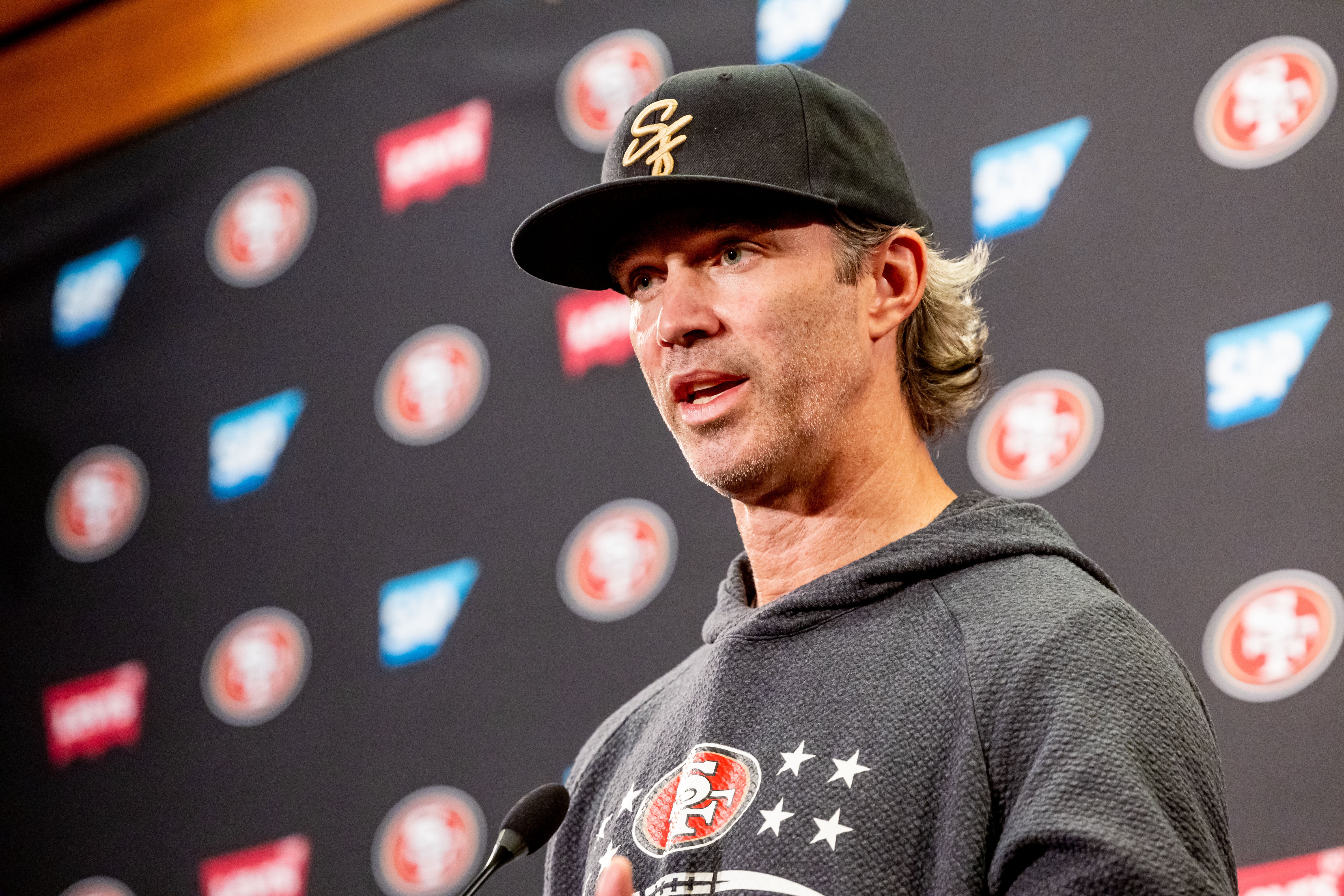 San Francisco 49ers defensive coordinator Nick Sorensen holds a press conference before the 49ers rookie minicamp at Levi’s Stadium in Santa Clara, CA.