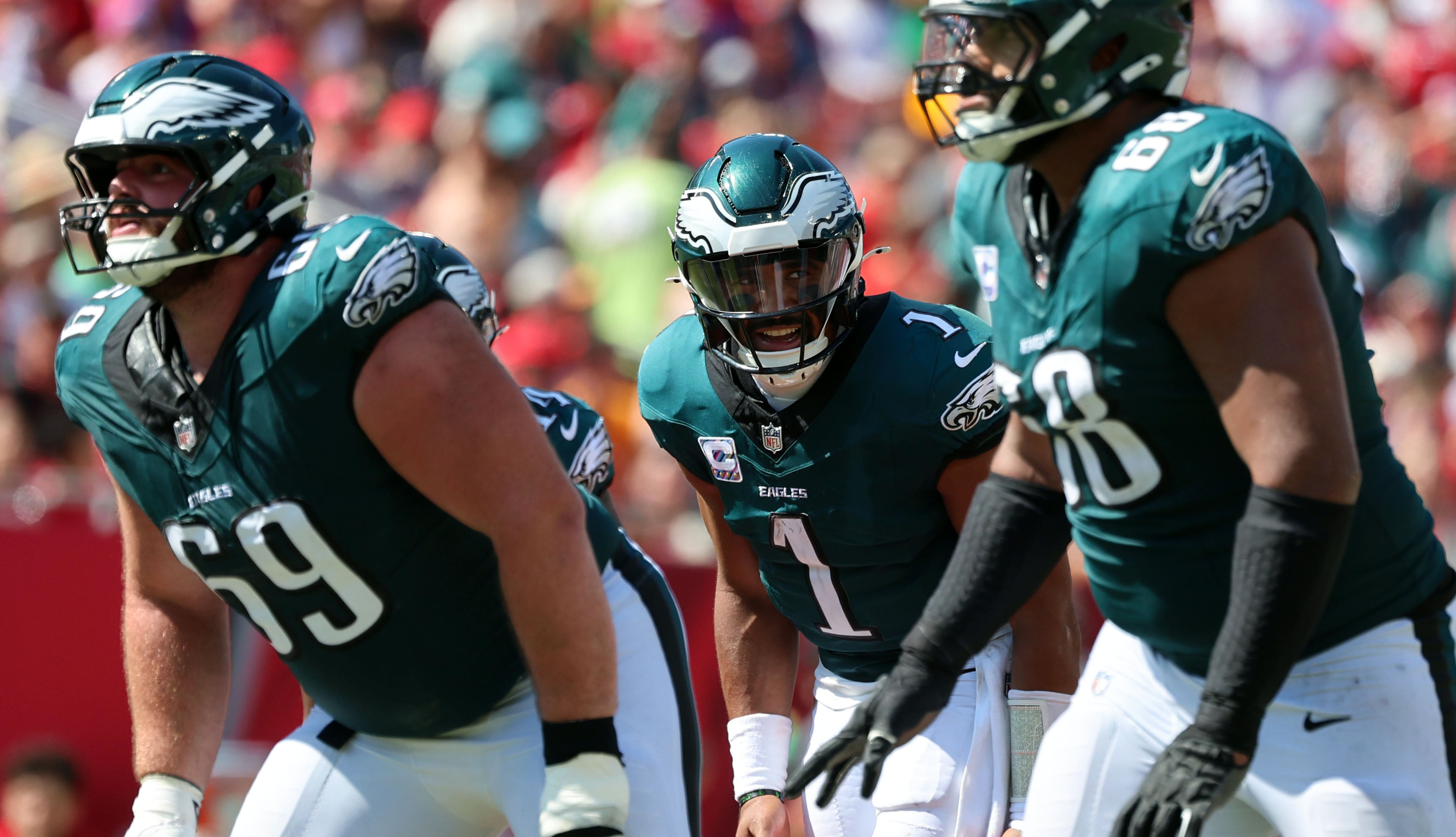 Philadelphia Eagles quarterback Jalen Hurts (1) looks on against the Tampa Bay Buccaneers during the second half at Raymond James Stadium.