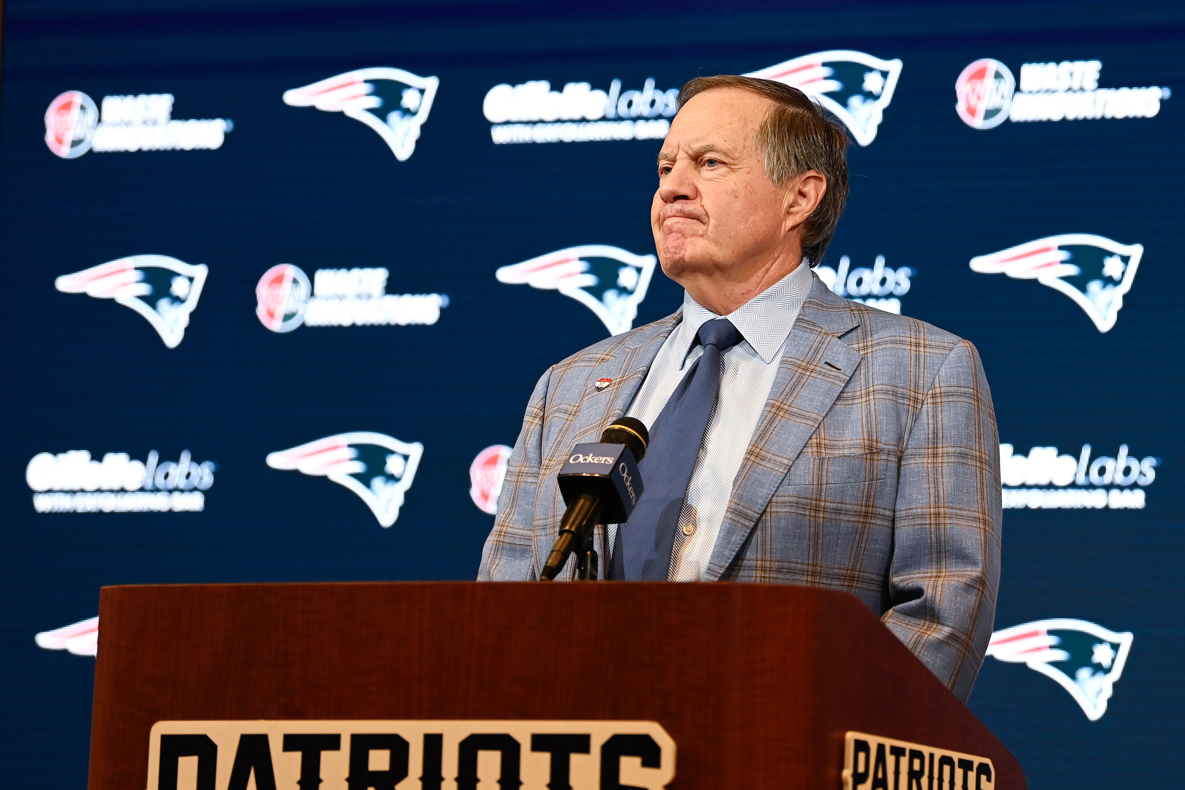New England Patriots former head coach Bill Belichick holds a press conference at Gillette Stadium to announce his exit from the team.