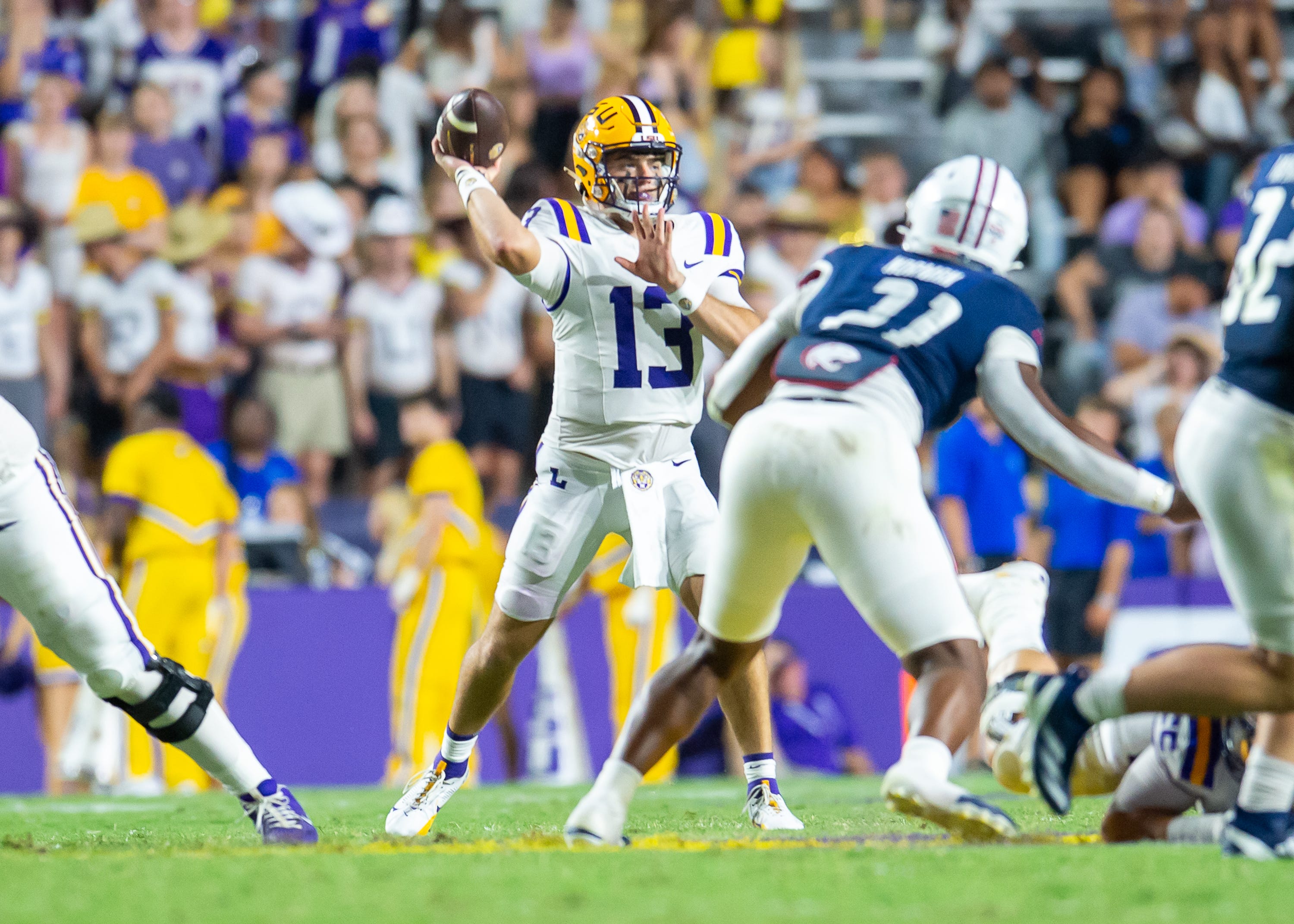 Quarterback Garrett Nussmeier 13 throws a pass as the LSU Tigers take on the South Alabama Jaguars at Tiger Stadium in Baton Rouge, LA.Saturday, Sept. 28, 2024.