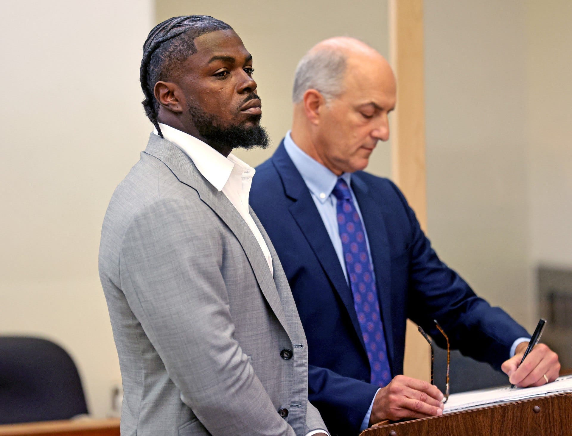 New England Patriots safety Jabrill Peppers appears in Quincy District Court for his arraignment on Monday, Oct. 7. Peppers was arrested at his Braintree apartment by police responding to a domestic dispute call.