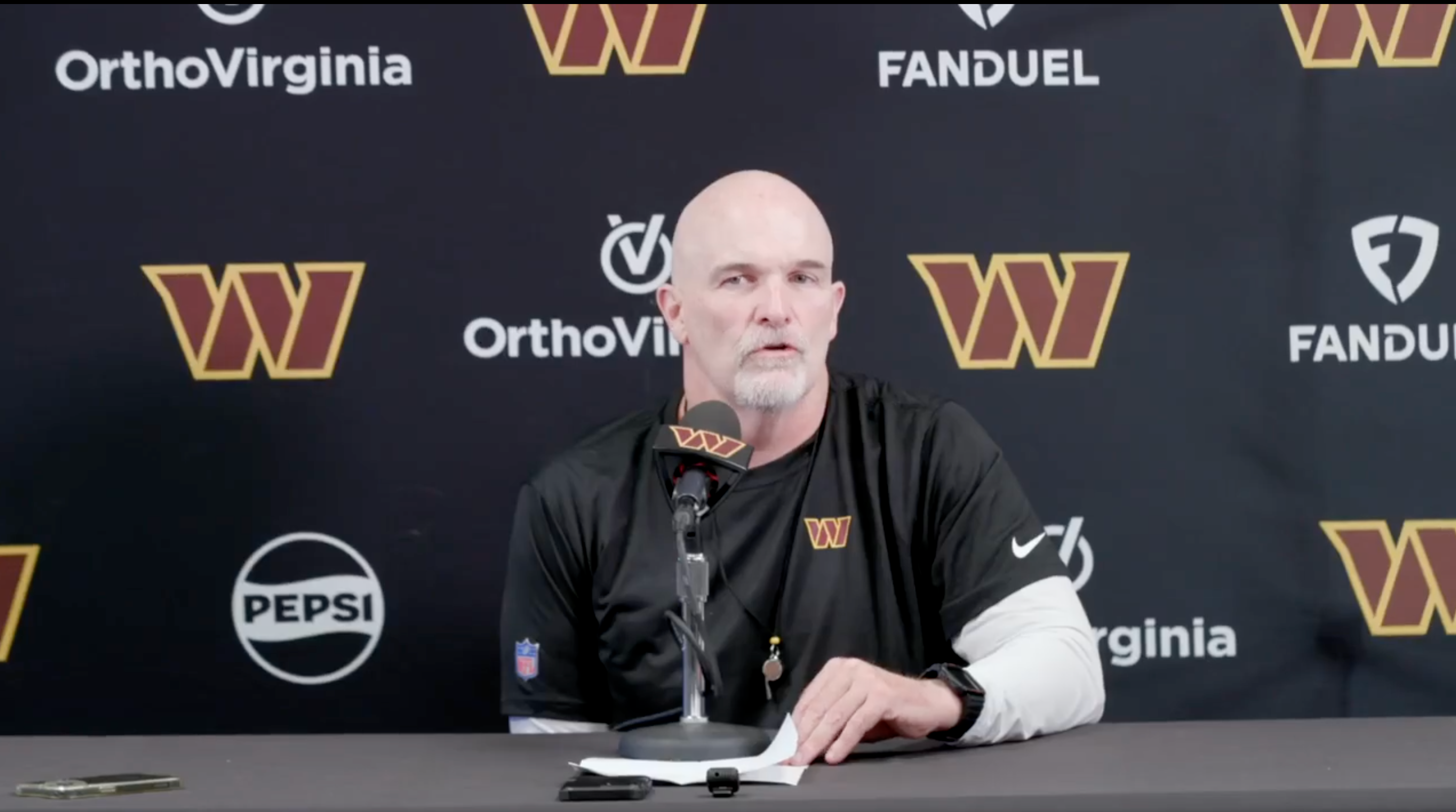 Dan Quinn talks to the media before the Commanders' Week 6 matchup against the Ravens