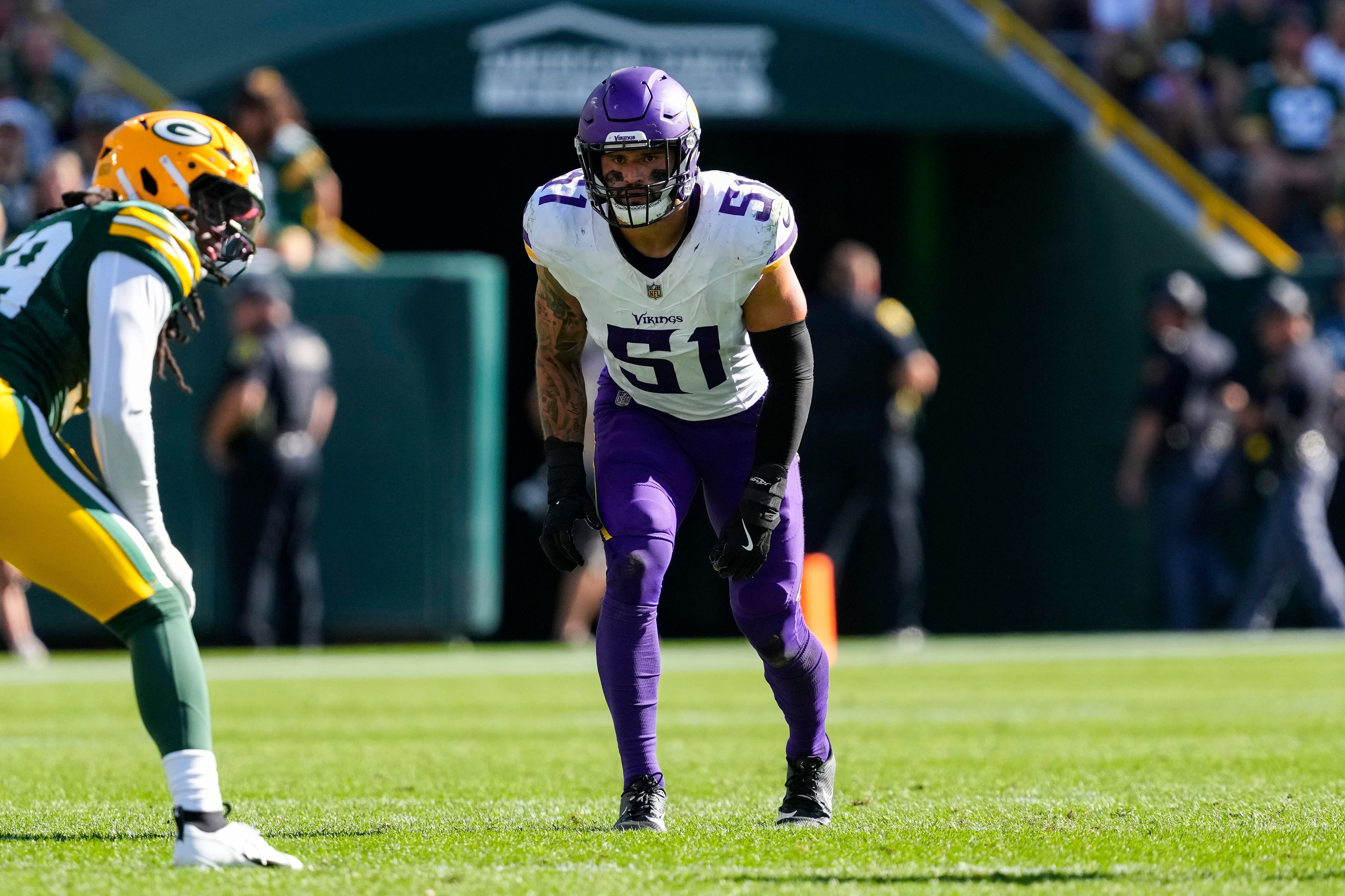 Sep 29, 2024; Green Bay, Wisconsin, USA; Minnesota Vikings linebacker Blake Cashman (51) during the game against the Minnesota Vikings at Lambeau Field.