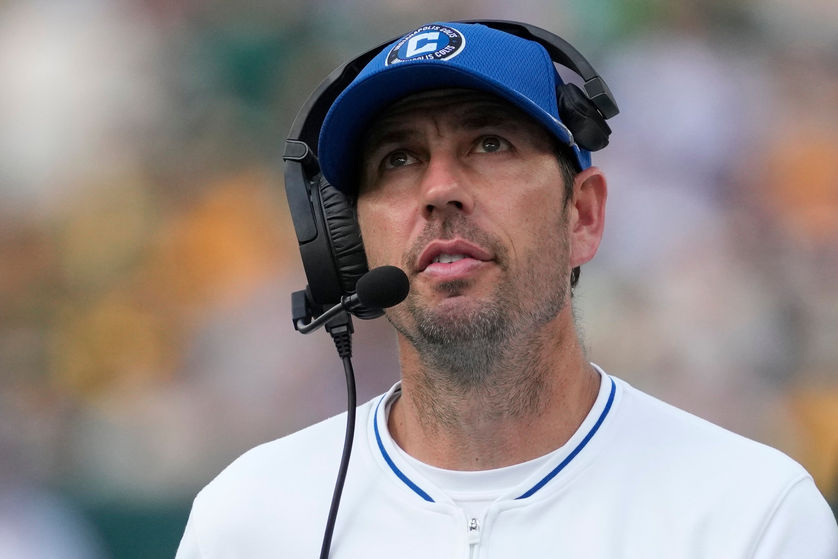 Sep 15, 2024; Green Bay, Wisconsin, USA; Indianapolis Colts head coach Shane Steichen looks on during the fourth quarter against the Green Bay Packers at Lambeau Field.