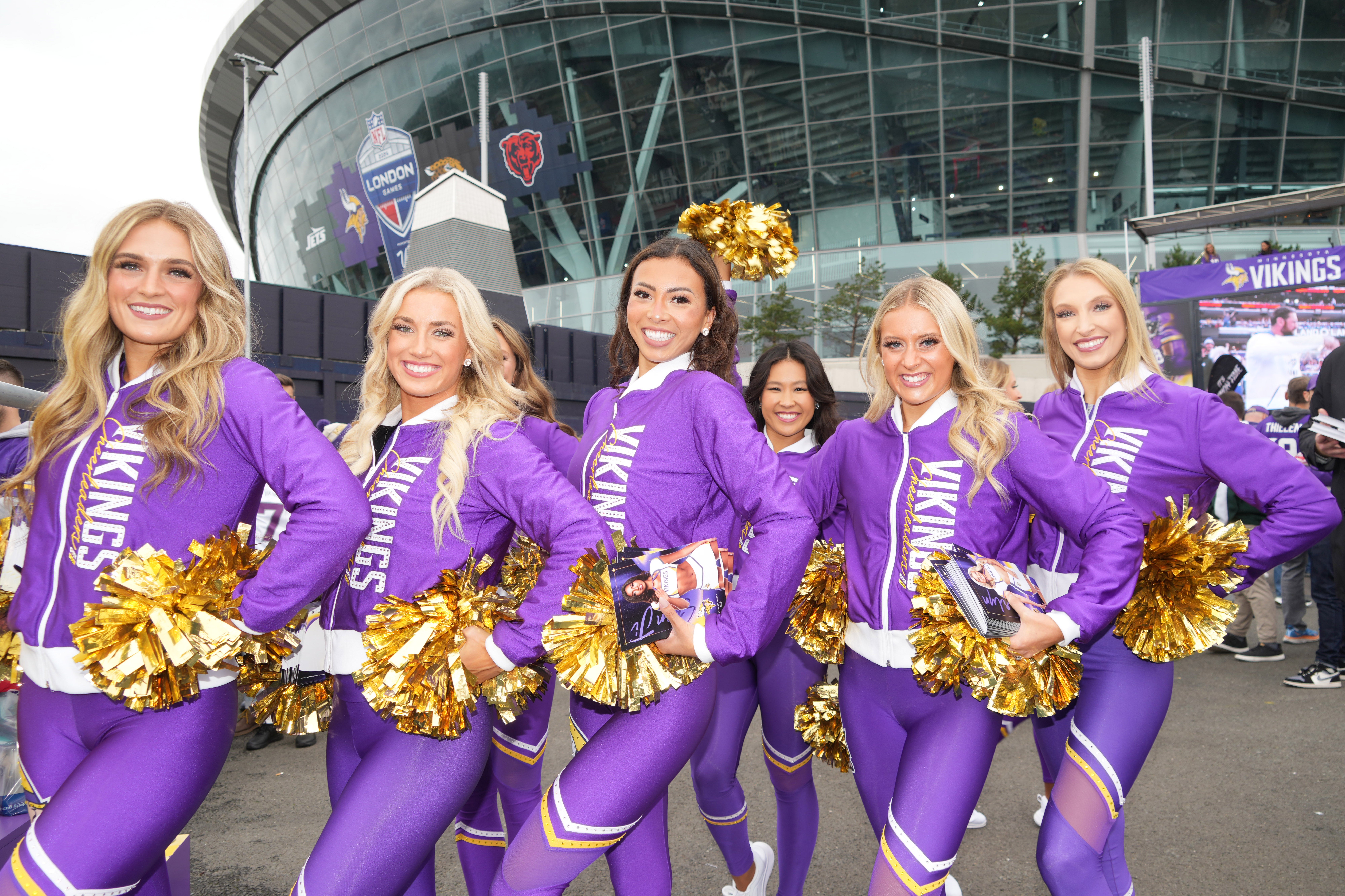 Oct 6, 2024; London, United Kingdom; Minnesota Vikings cheerleaders pose before the 2024 NFL London Game at Tottenham Hotspur Stadium.