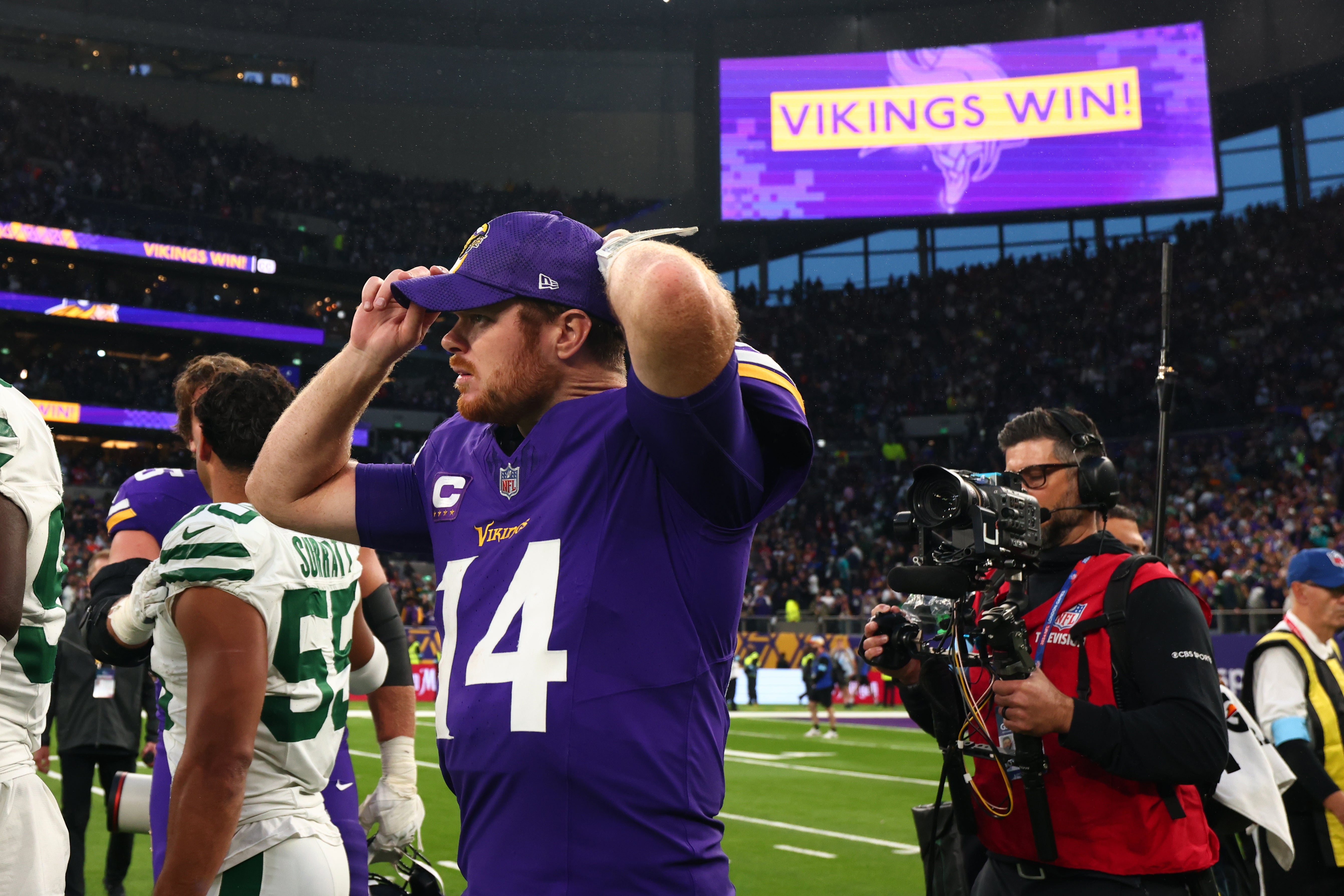 Oct 6, 2024; Tottenham, ENG; Minnesota Vikings quarterback Sam Darnold (14) after the 17-23 win against New York Jets at Tottenham Hotspur Stadium.