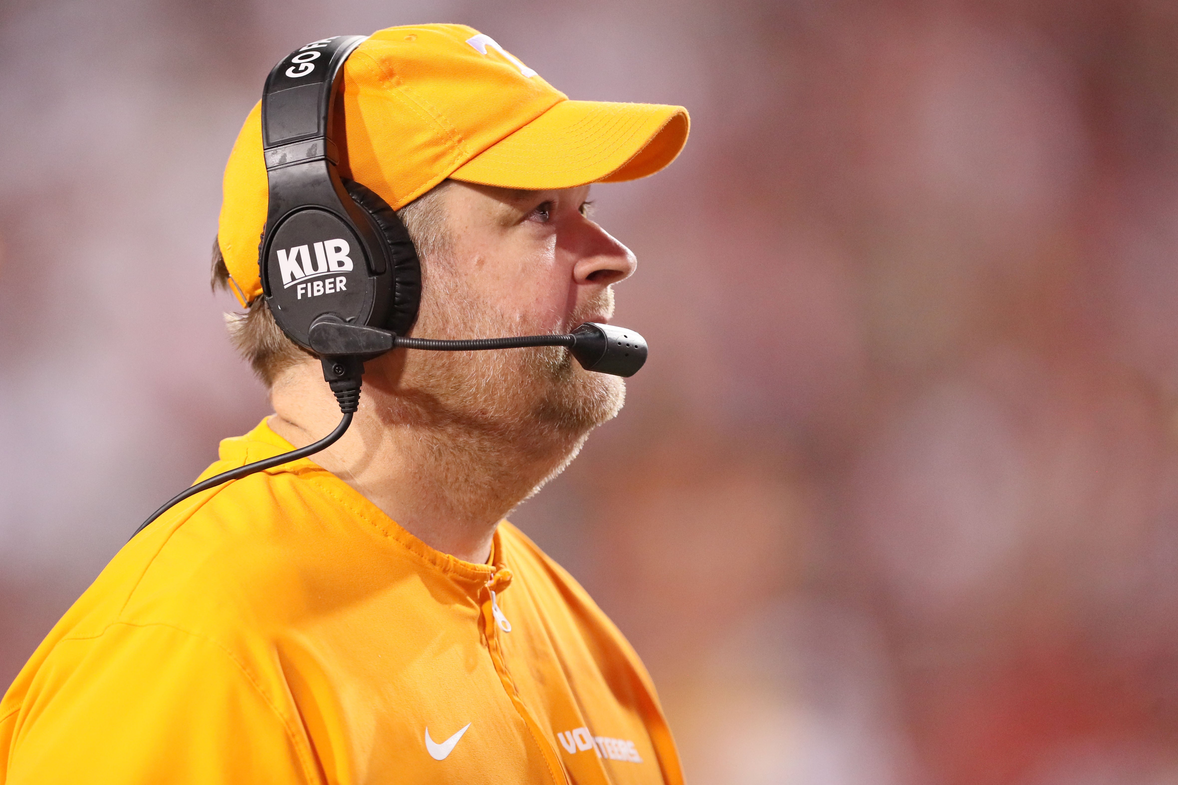 Oct 5, 2024; Fayetteville, Arkansas, USA; Tennessee Volunteers head coach Josh Heupel during the second half against the Arkansas Razorbacks at Donald W. Reynolds Razorback Stadium.