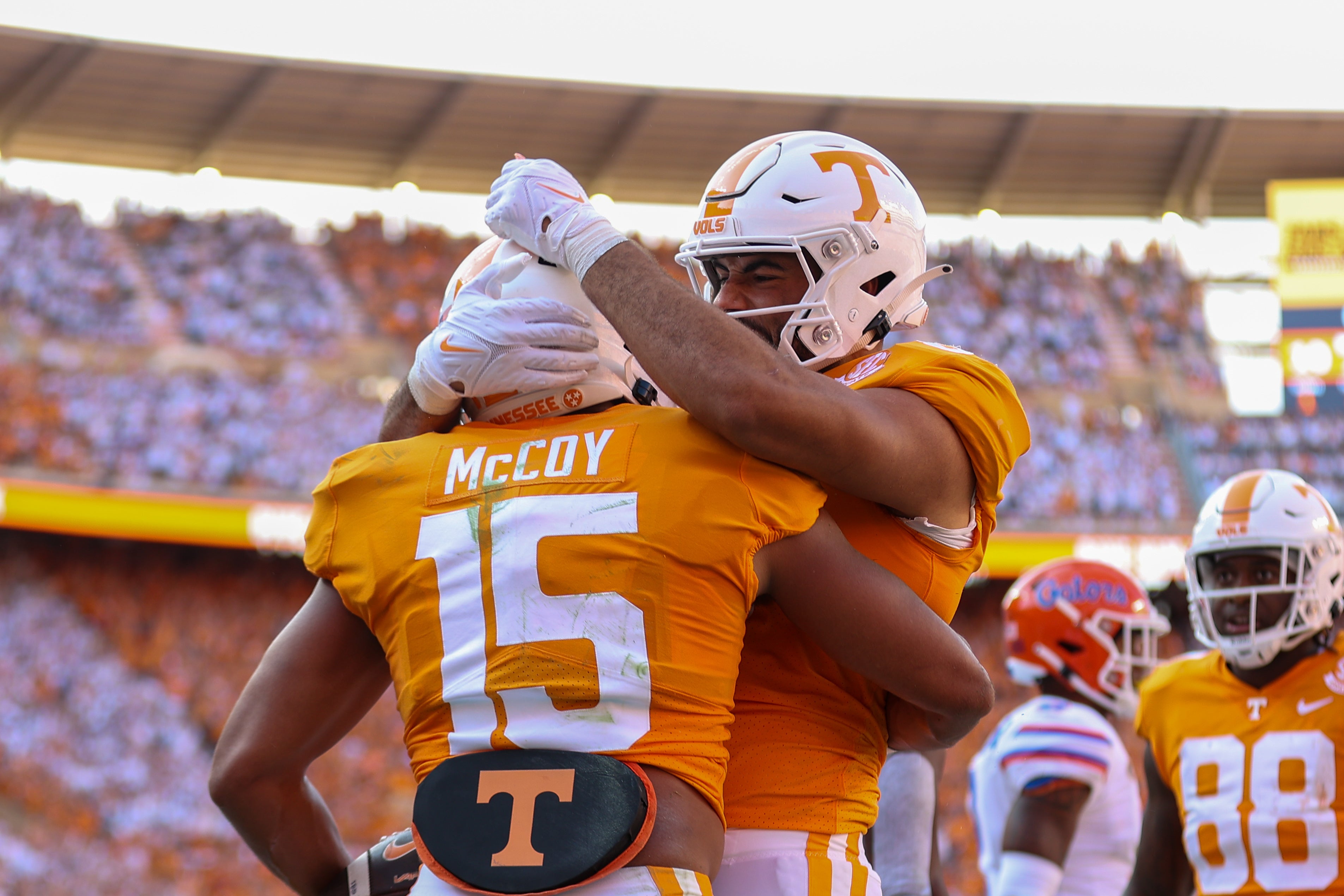 Sep 24, 2022; Knoxville, Tennessee, USA; Tennessee Volunteers wide receiver Bru McCoy (15) celebrates with tight end Jacob Warren (87) after scoring a touchdown against the Florida Gators during the first half at Neyland Stadium.