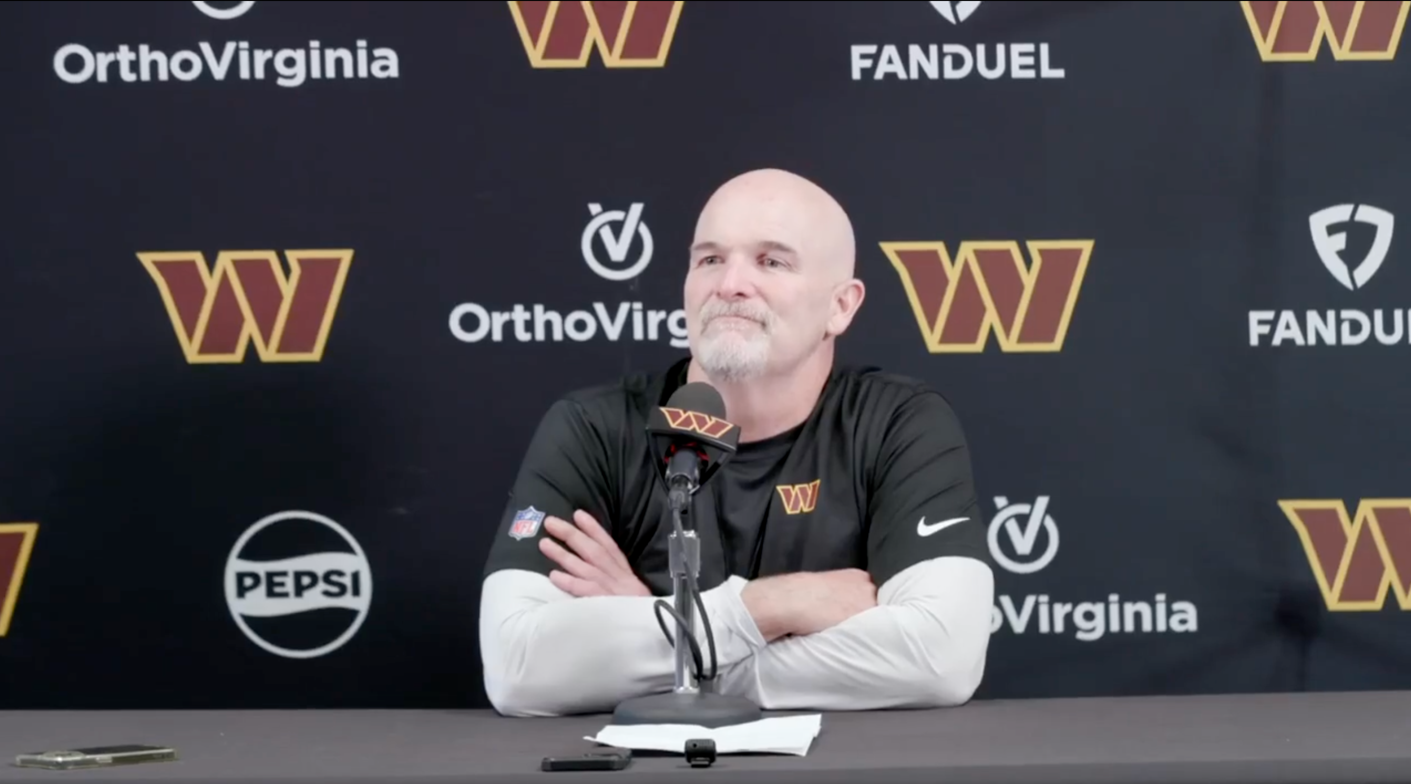 Dan Quinn talks to reporters ahead of the Commanders' matchup against the Ravens