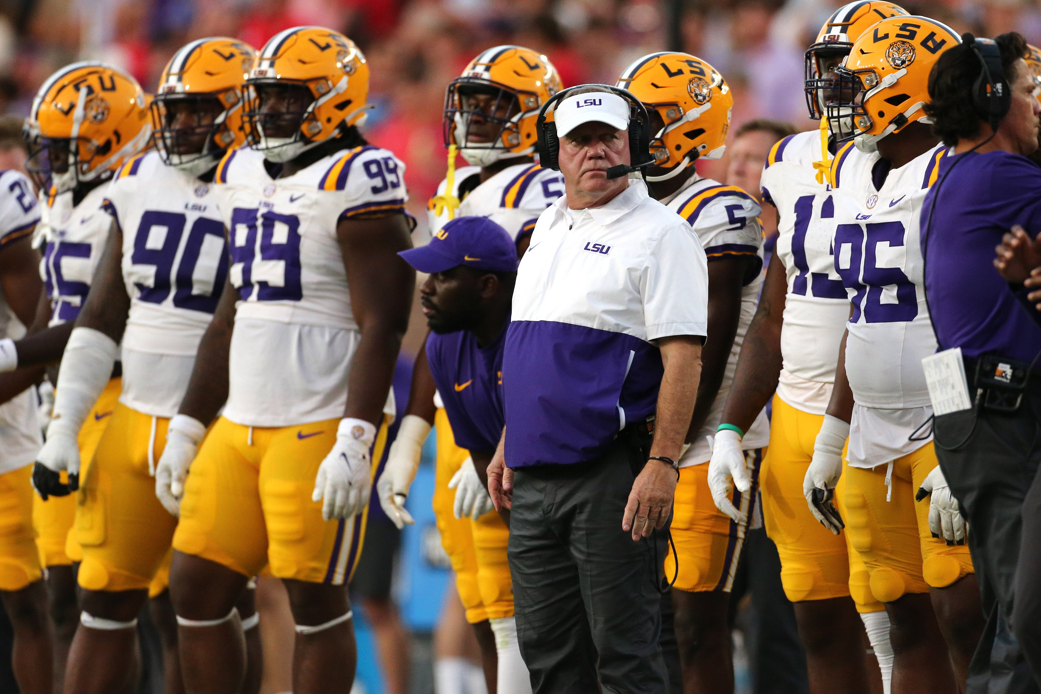Sep 30, 2023; Oxford, Mississippi, USA; LSU Tigers head coach Brian Kelly watches from the sideline during the first half against the Mississippi Rebels at Vaught-Hemingway Stadium.