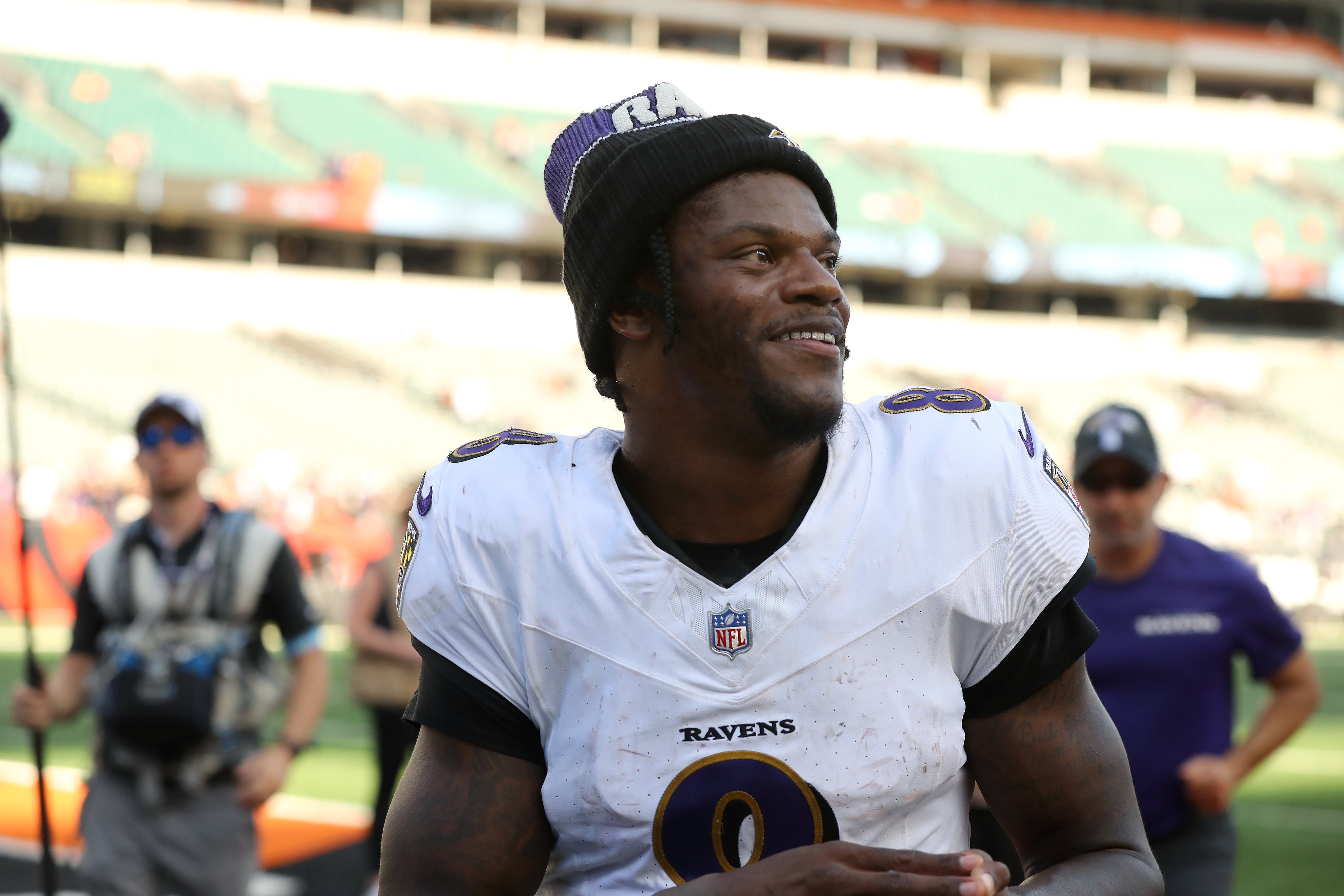 Oct 6, 2024; Cincinnati, Ohio, USA; Baltimore Ravens quarterback Lamar Jackson (8) celebrates after the game against the Cincinnati Bengals at Paycor Stadium.