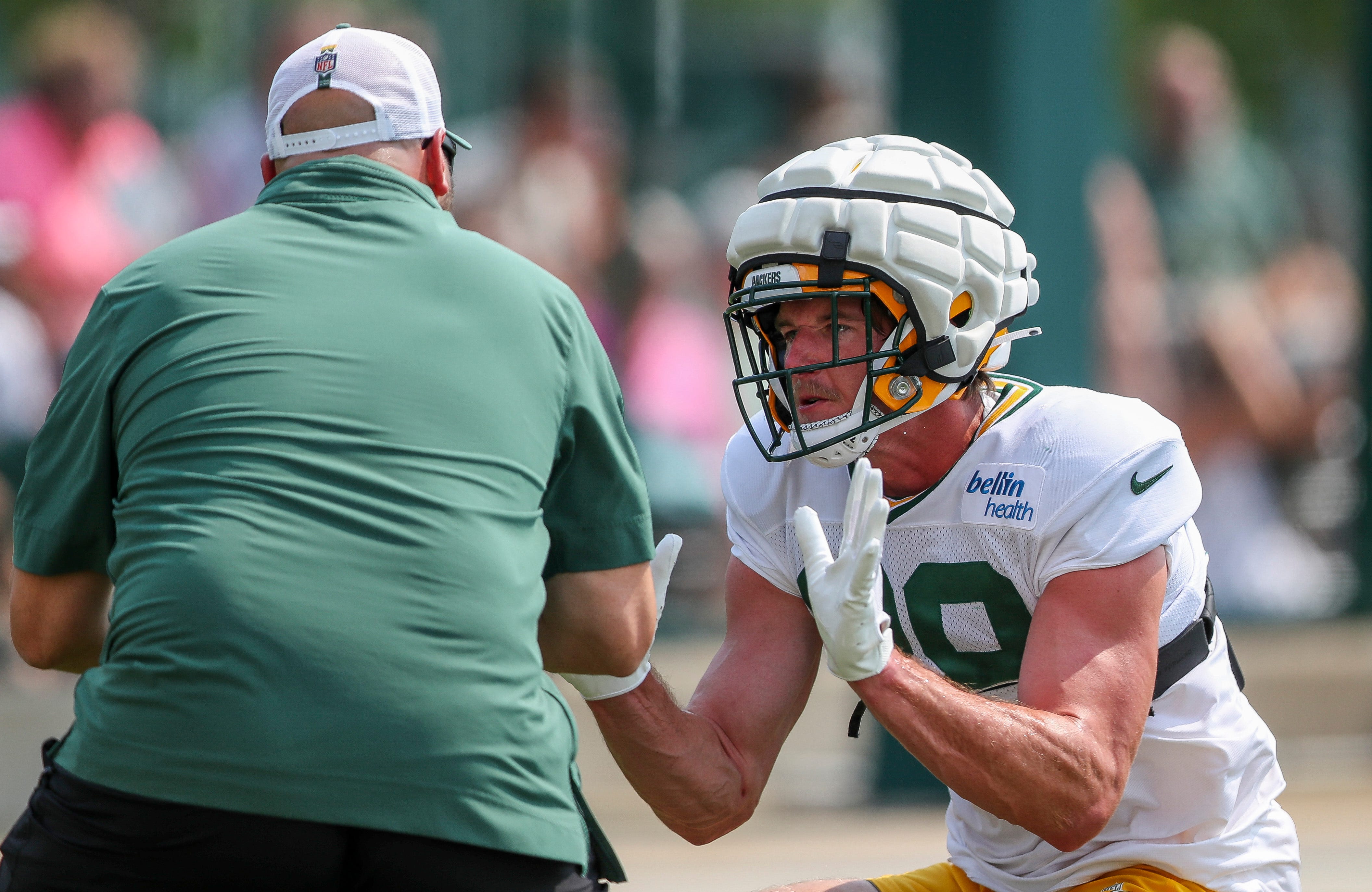 Green Bay Packers tight end Luke Musgrave (88) runs through a drill during the seventh practice of training camp on Tuesday, July 30, 2024, at Ray Nitschke Field in Ashwaubenon, Wis.