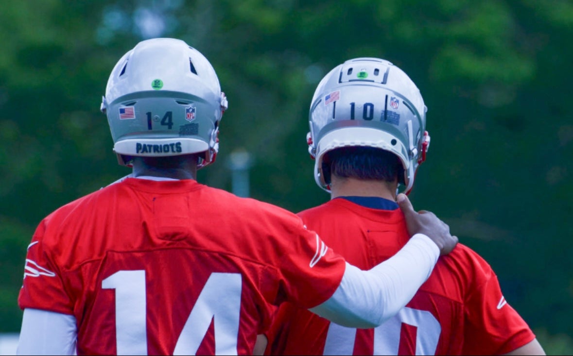 Patriots QBs Jacoby Brissett and Drake Maye at OTAs - May 29, 2024