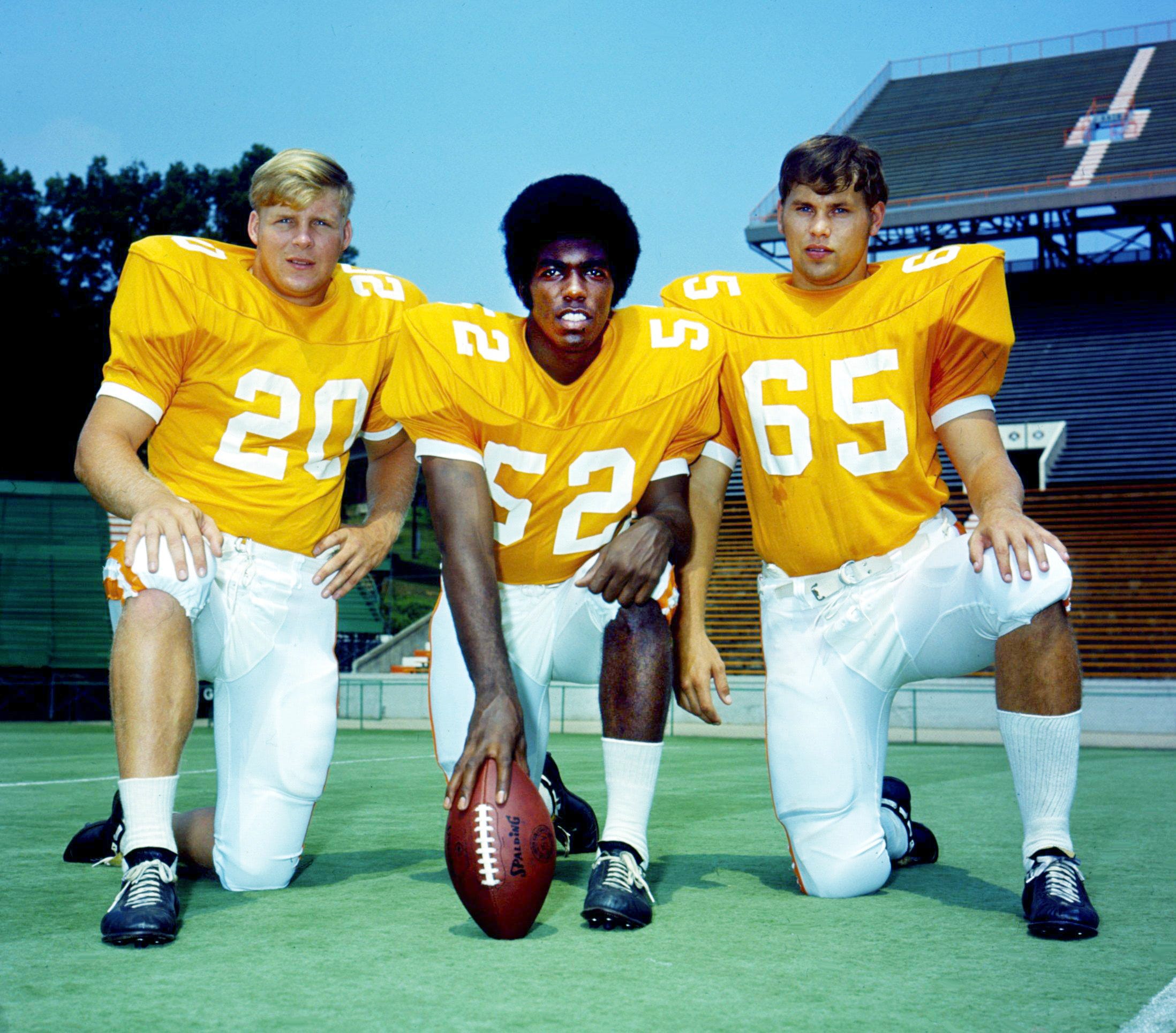 Tennessee teammates Gary Theiler, left, Jackie Walker and Phillip Fulmer pose together during Picture Day at Neyland Stadium in Knoxville, Tenn., Aug. 25, 1971.