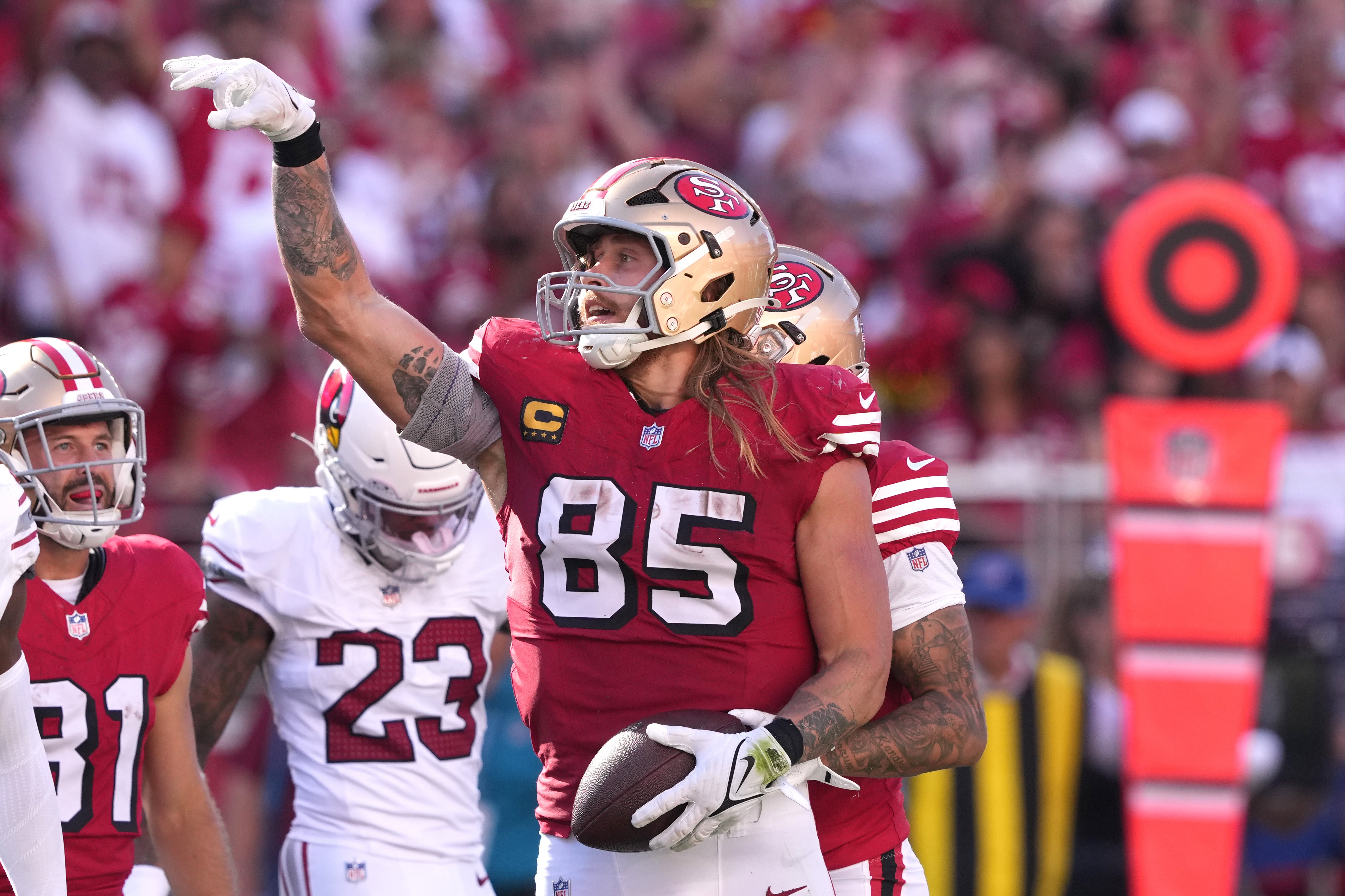 San Francisco 49ers tight end George Kittle (85) gestures after a catch against the Arizona Cardinals during the fourth quarter at Levi's Stadium.