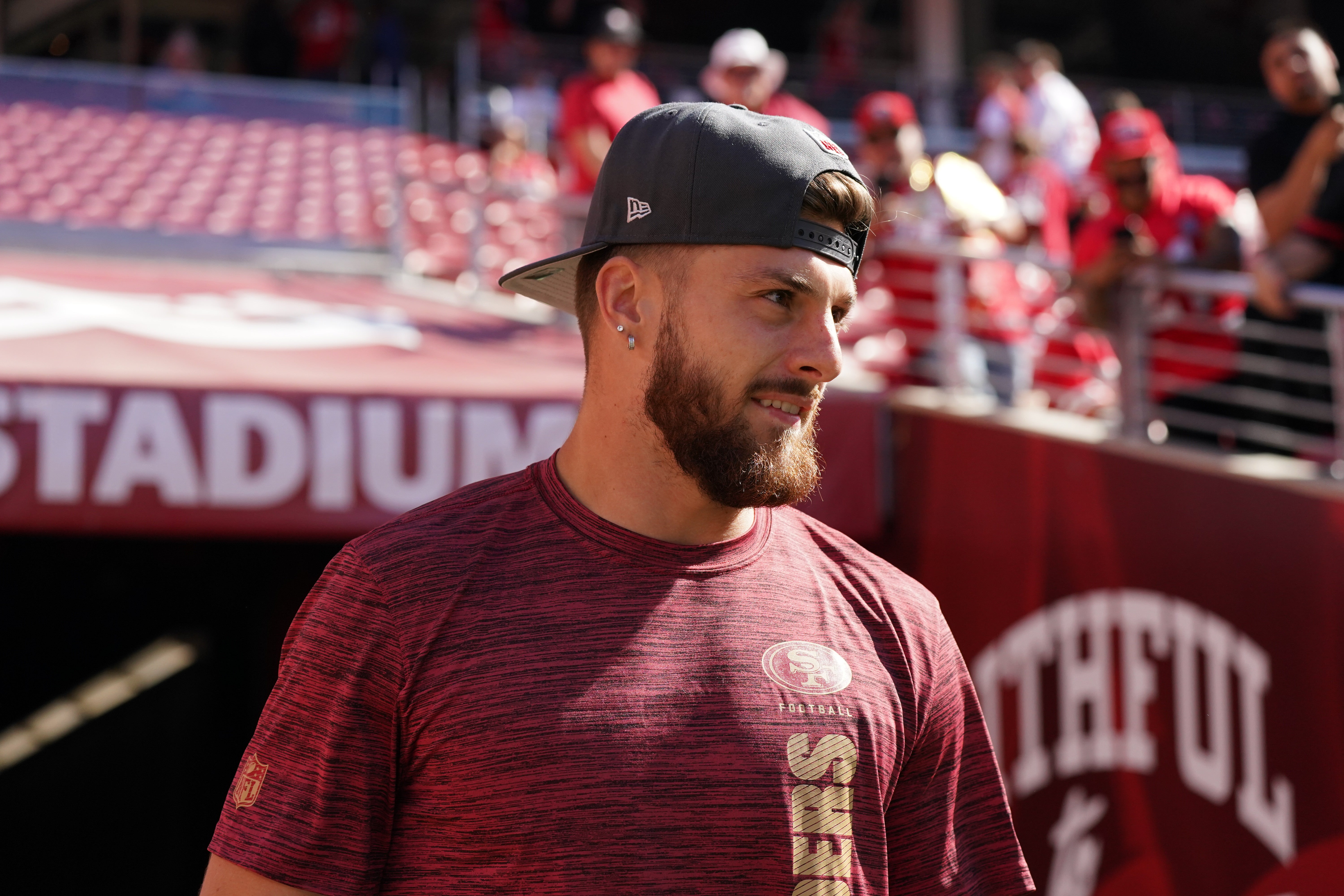 San Francisco 49ers wide receiver Ricky Pearsall (14) enters the field before a game against the New York Jets at Levi's Stadium.