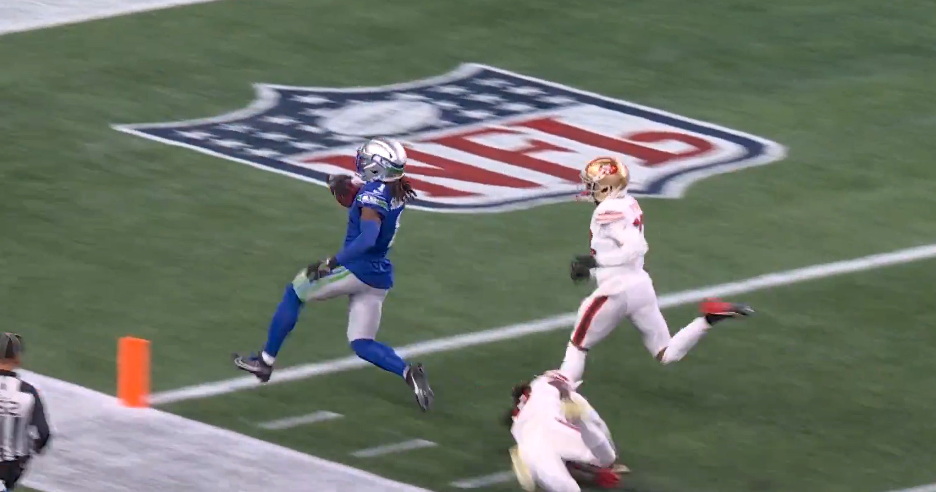 Seattle Seahawks wide receiver Laviska Shenault (1) returns the kickoff 97 yards for a touchdown to bring the Seahawks to within two scores 23-10.