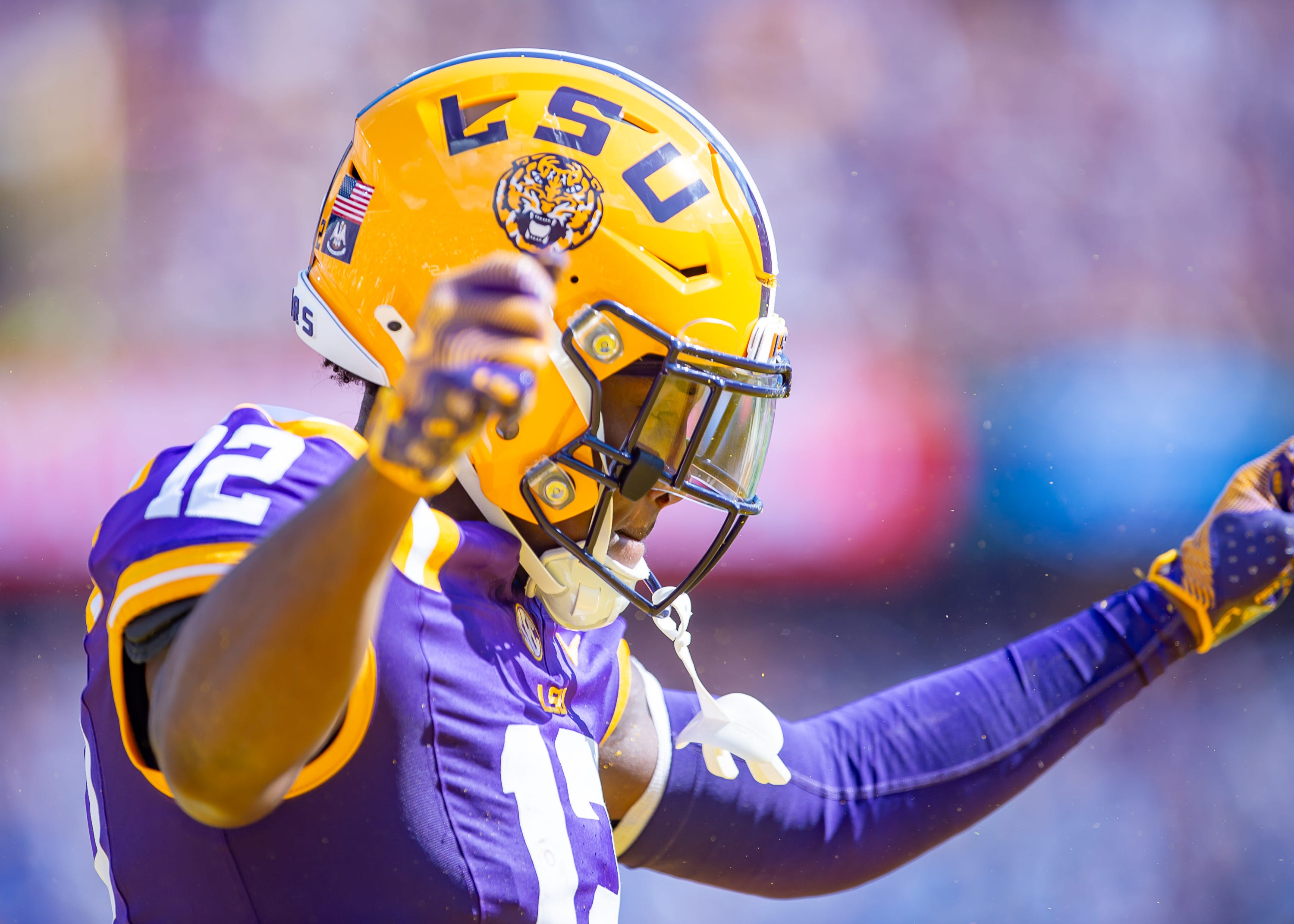 Kyle Parker 12 celebrates after scoring a touchdown as the LSU Tigers take on UCLA at Tiger Stadium in Baton Rouge, LA. Saturday, Sept. 21, 2024.