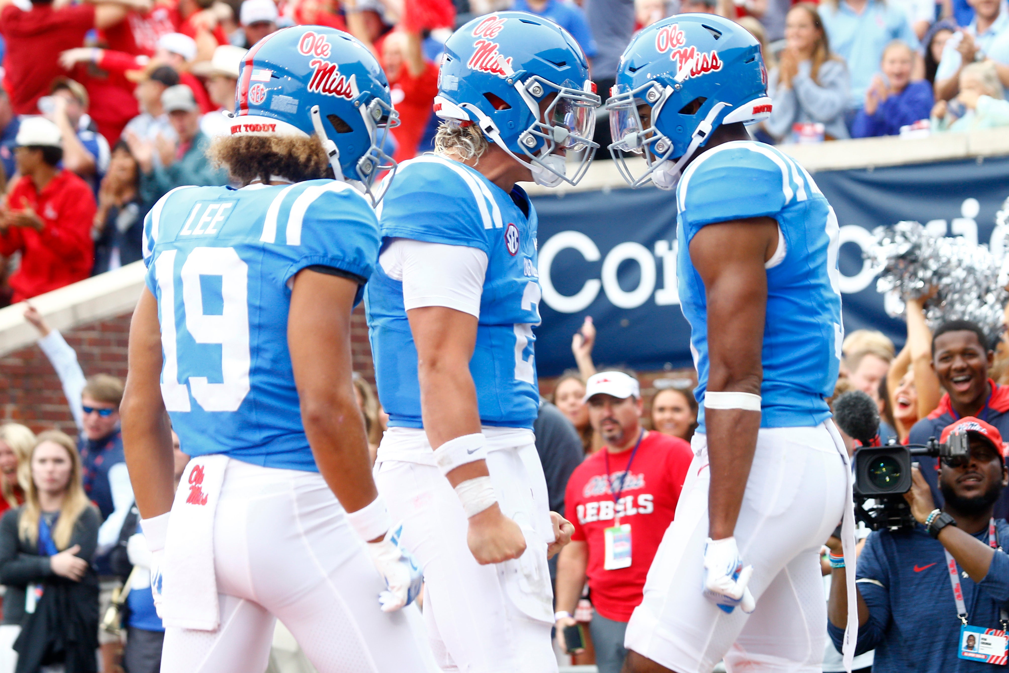 Sep 28, 2024; Oxford, Mississippi, USA; Mississippi Rebels quarterback Jaxson Dart (2) reacts with Mississippi Rebels wide receiver Tre Harris (9) after a touchdown during the second half against the Kentucky Wildcats at Vaught-Hemingway Stadium.