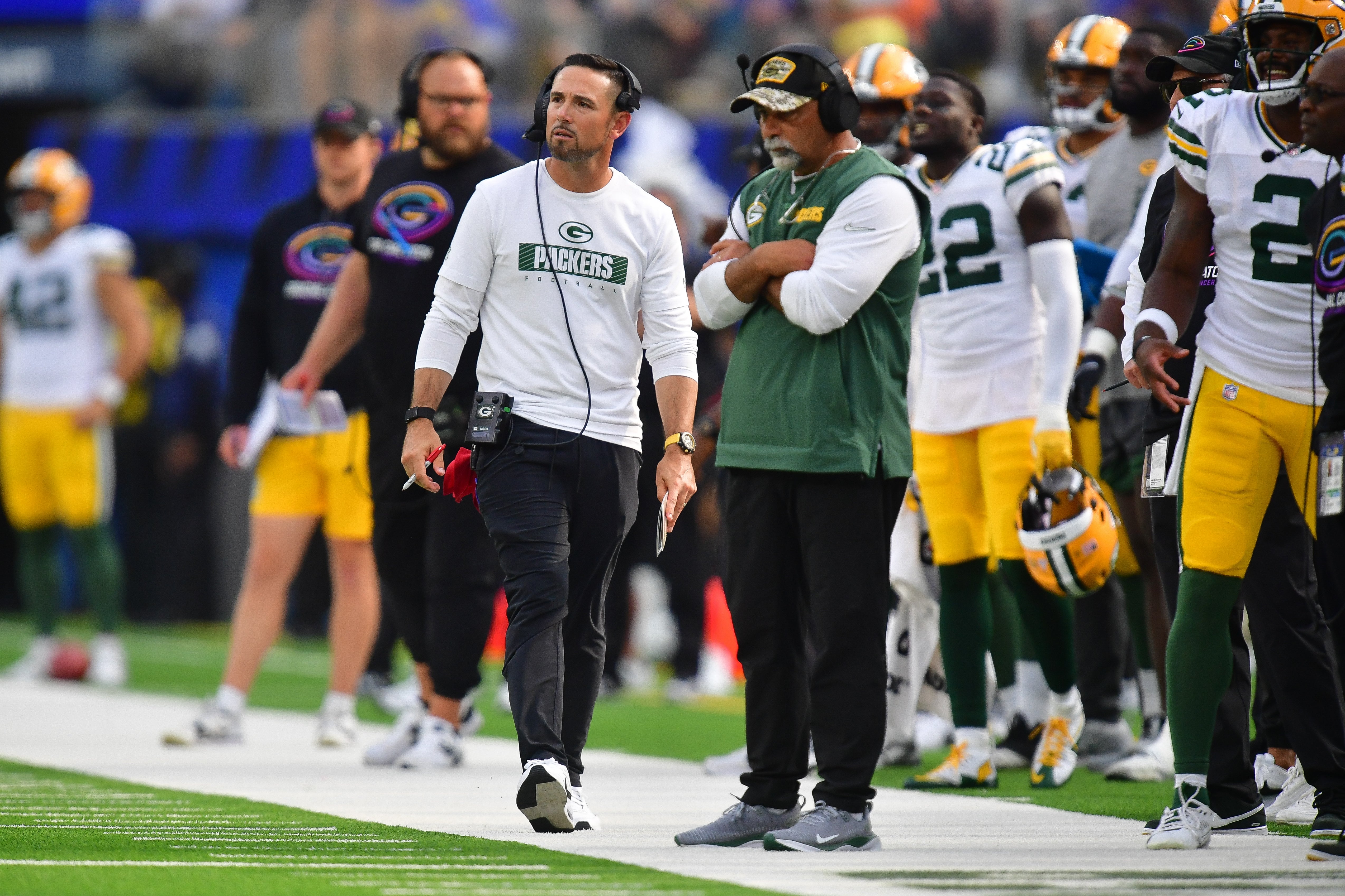 Oct 6, 2024; Inglewood, California, USA; Green Bay Packers head coach Matt LaFleur watches game action against the Los Angeles Rams during the second half at SoFi Stadium.