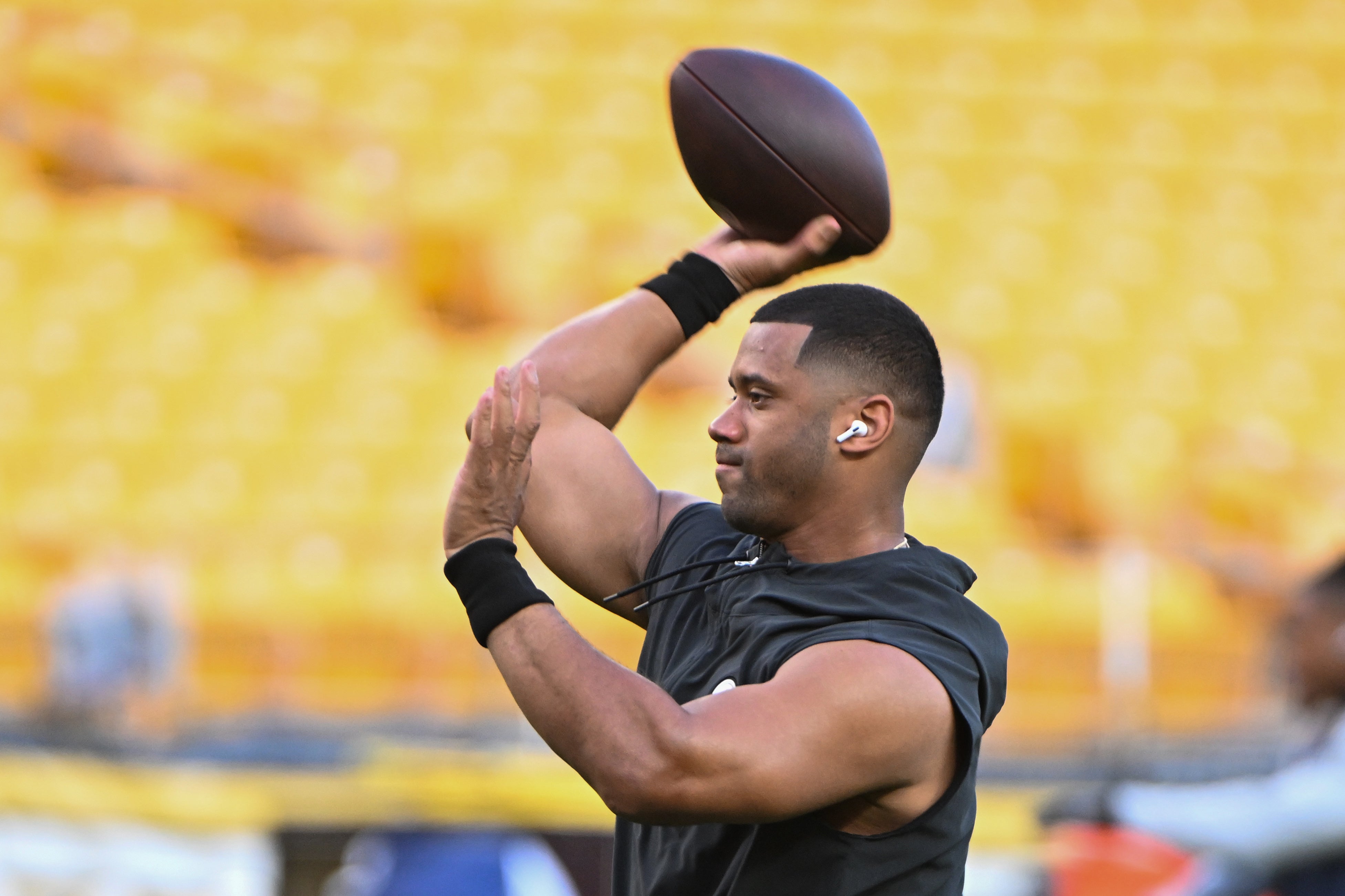 Oct 6, 2024; Pittsburgh, Pennsylvania, USA; Pittsburgh Steelers quarterback Russell Wilson (3) works out before a game against the Dallas Cowboys at Acrisure Stadium.