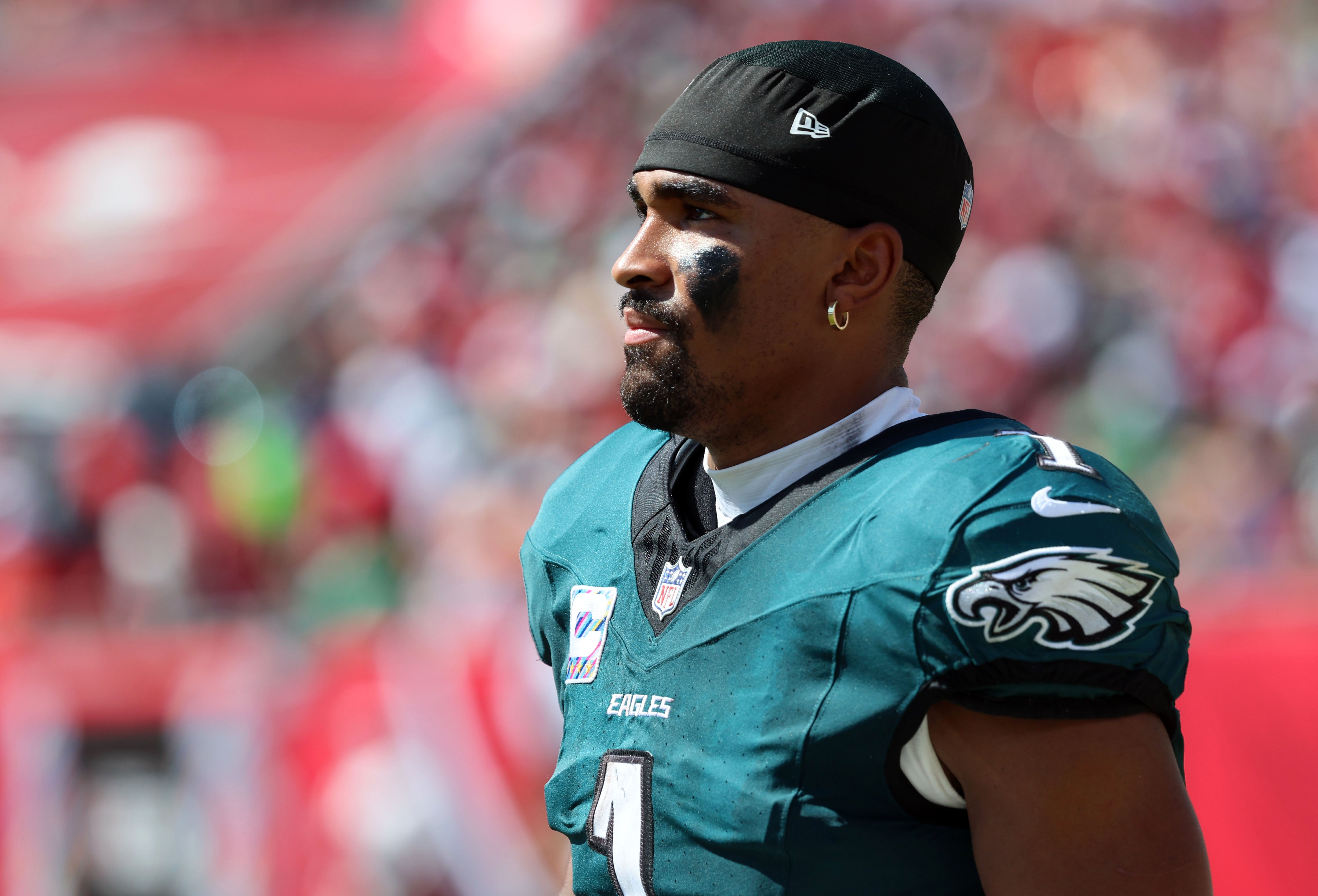 Philadelphia Eagles quarterback Jalen Hurts (1) looks on against the Tampa Bay Buccaneers during the second half at Raymond James Stadium.