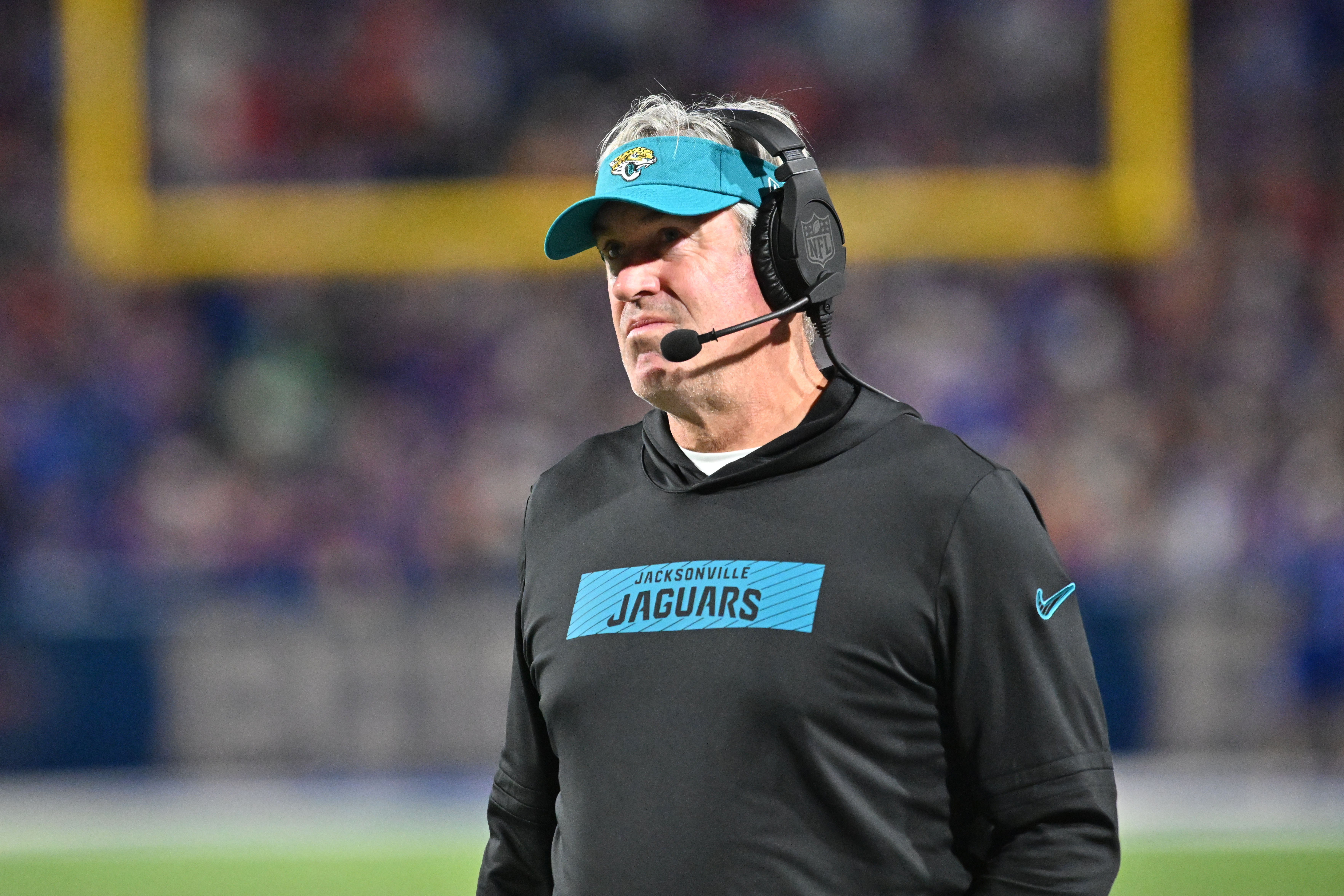 Sep 23, 2024; Orchard Park, New York, USA; Jacksonville Jaguars head coach Doug Pederson on the sidelines in the third quarter against the Buffalo Bills at Highmark Stadium. Mandatory Credit: Mark Konezny-Imagn Images