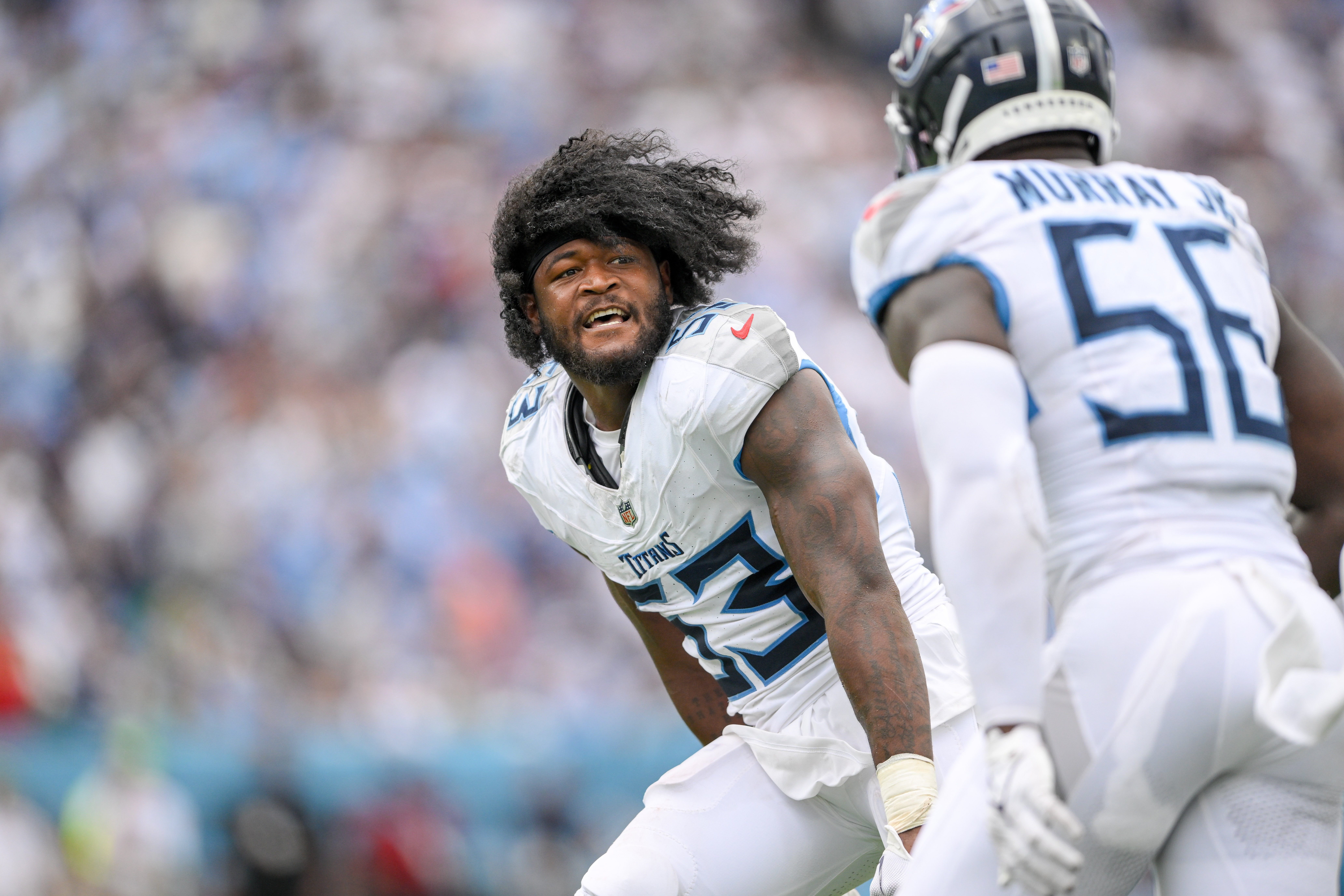 Sep 15, 2024; Nashville, Tennessee, USA; Tennessee Titans linebacker Ernest Jones, IV (53) and linebacker Kenneth Murray Jr. (56) against the New York Jets during the second half at Nissan Stadium. Mandatory Credit: Steve Roberts-Imagn Images