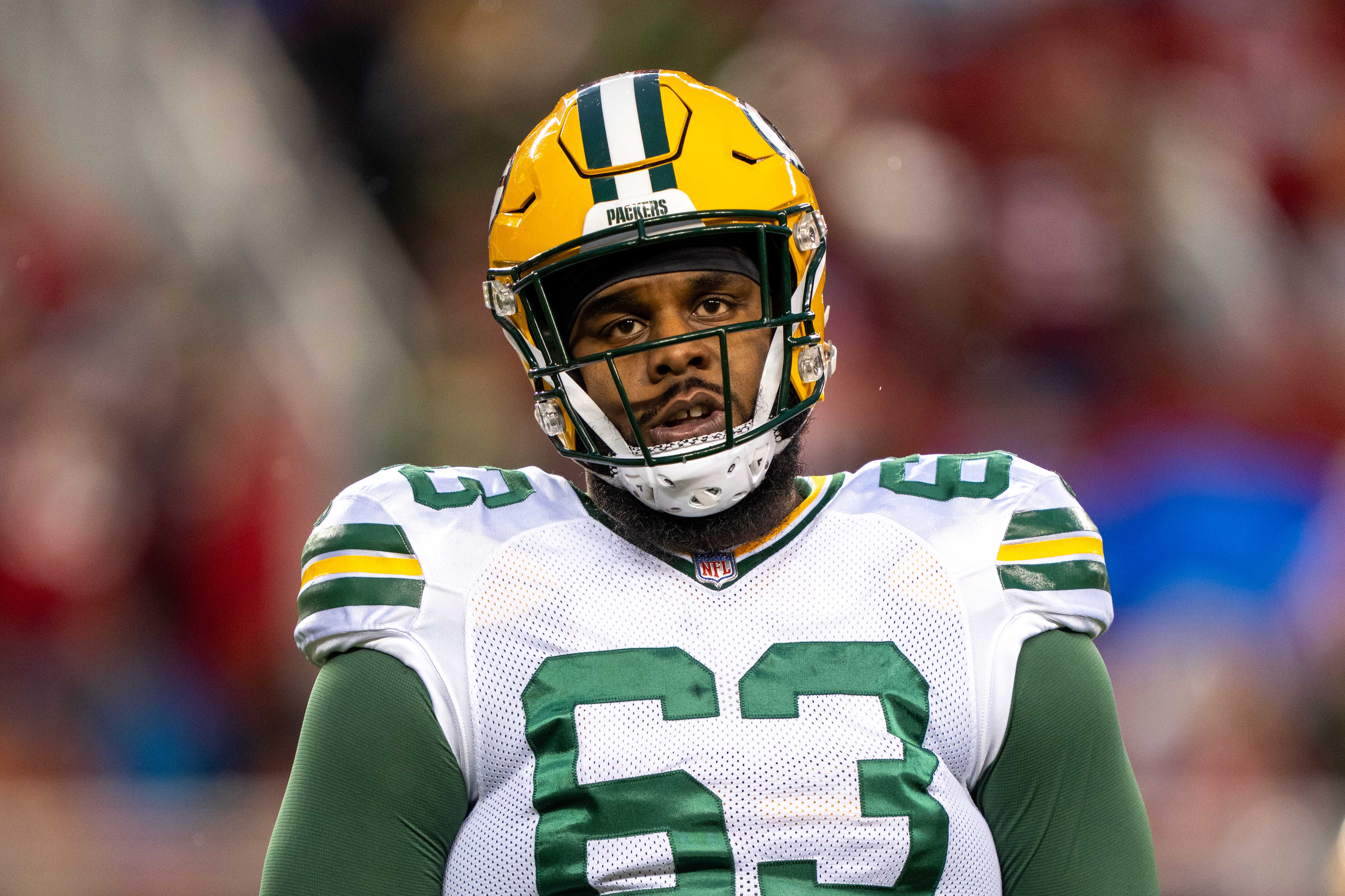 Green Bay Packers offensive tackle Rasheed Walker (63) before a 2024 NFC divisional round game against the San Francisco 49ers at Levi's Stadium.