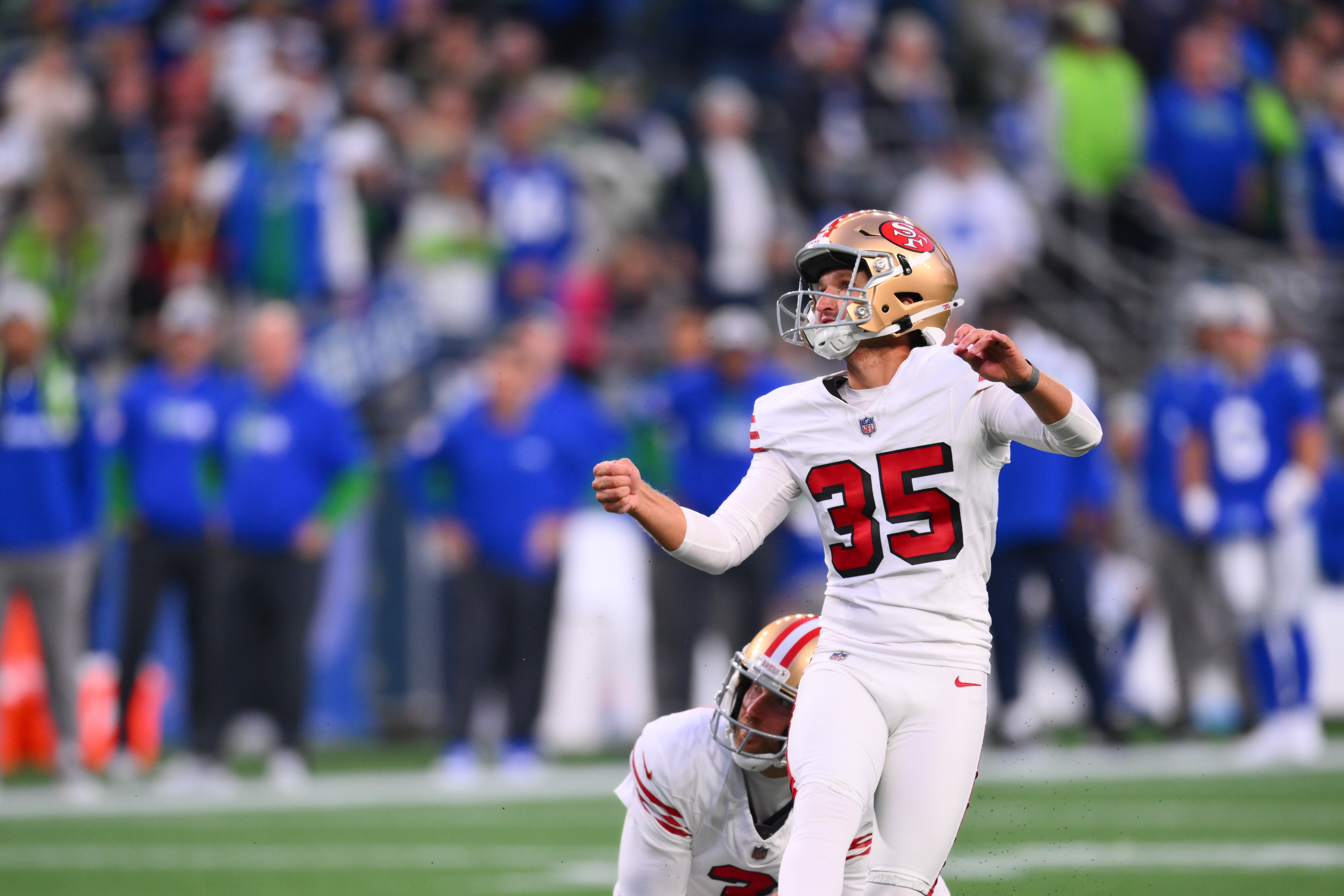 San Francisco 49ers place kicker Matthew Wright (35) looks on after kicking a field goal against the Seattle Seahawks during the first half at Lumen Field.