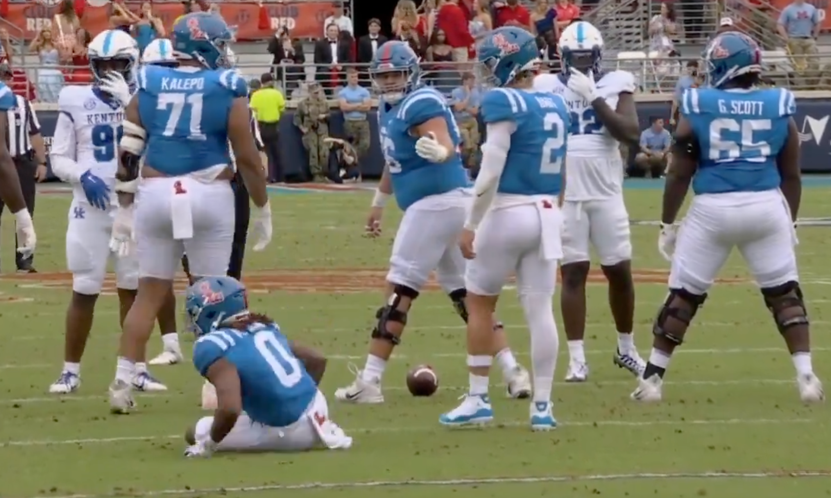 Matt Jones, running back Ole Miss, falls to the ground after an apparent "injury" after Jaxson Dart gestured to him to fall to the ground.