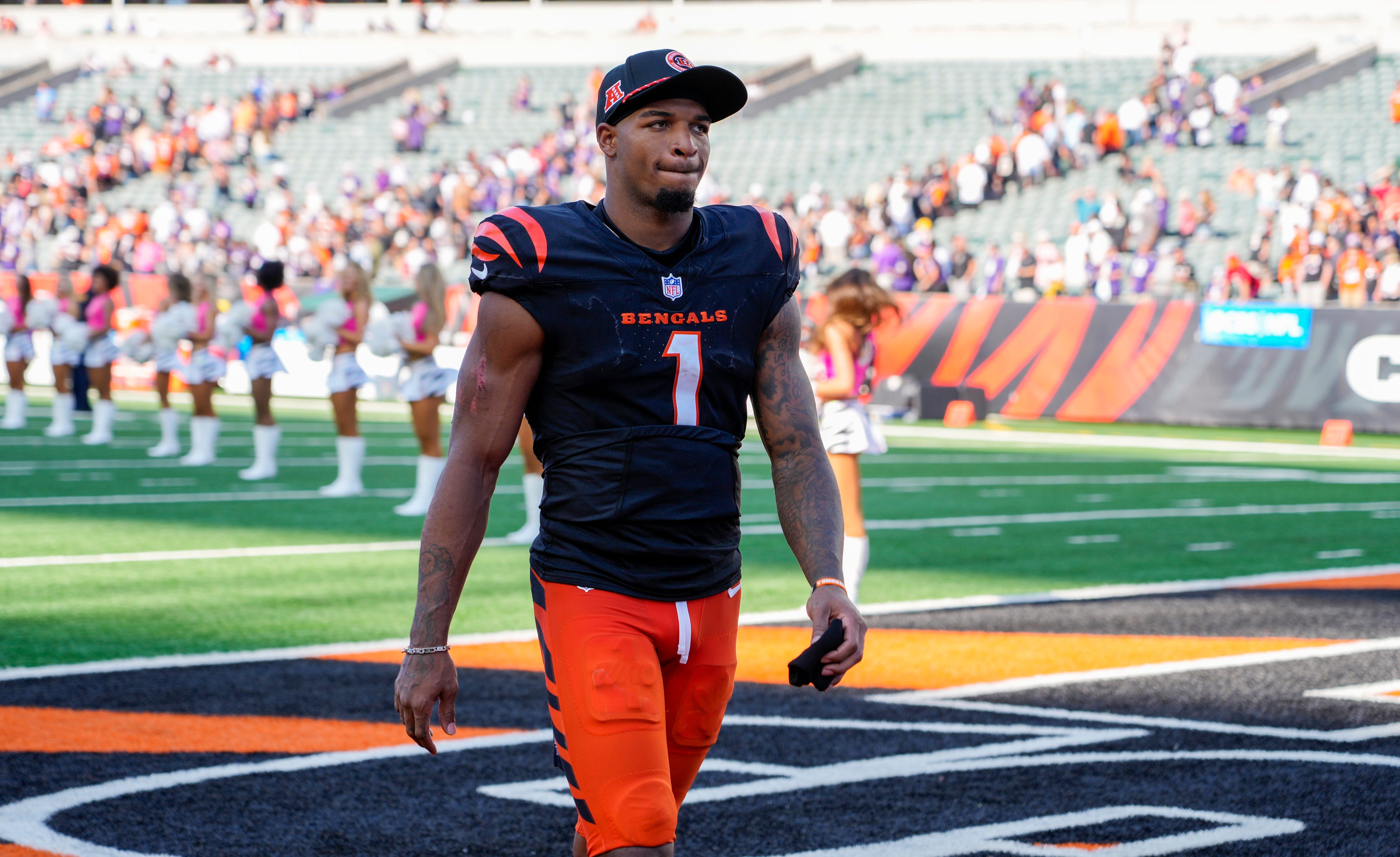 Cincinnati Bengals wide receiver Ja'Marr Chase (1) walks off the field after another loss at home against the Baltimore Ravens. The Bengals lost won 41-38 in overtime during NFL Week 5 Sunday October 6, 2024 at Payor Stadium.
