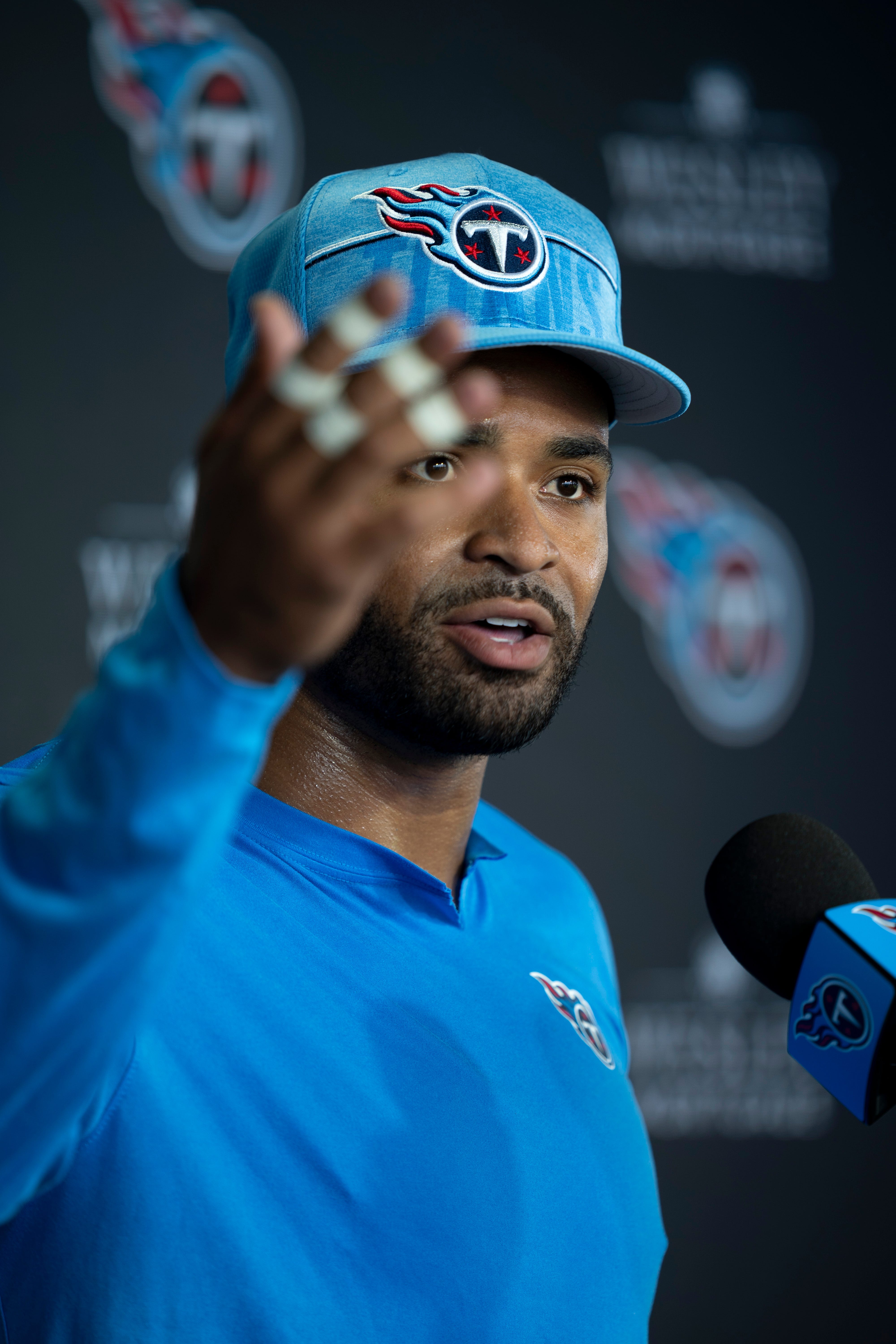 Tennessee Titans safety Jamal Adams (33) fields questions from the media on the first day of training camp at Ascension Saint Thomas Sports Park Wednesday, July 24, 2024.