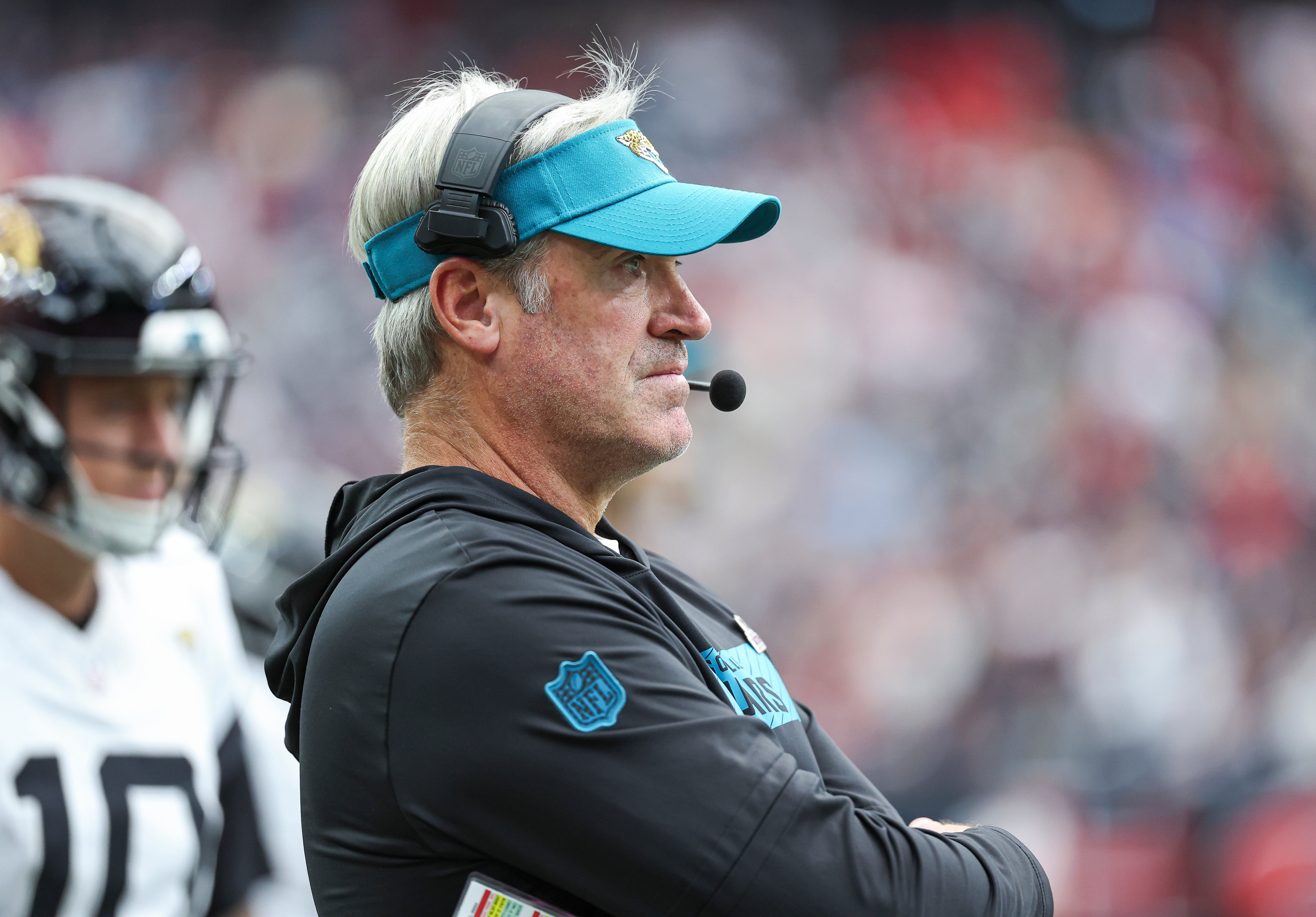 Sep 29, 2024; Houston, Texas, USA; Jacksonville Jaguars head coach Doug Pederson looks on during the fourth quarter against the Houston Texans at NRG Stadium.