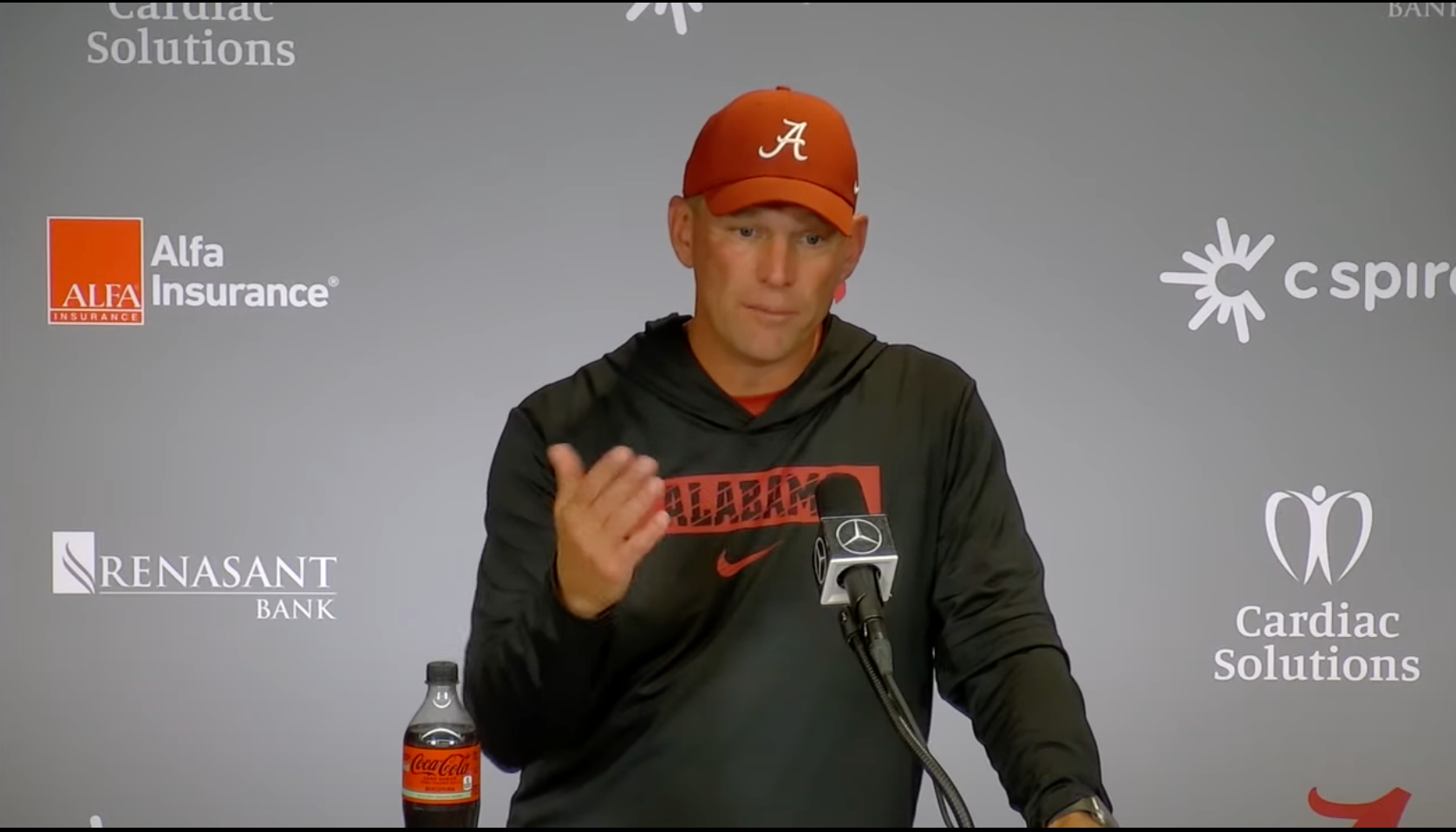 Alabama HC Kalen DeBoer addresses the media following 27-26 win over South Carolina